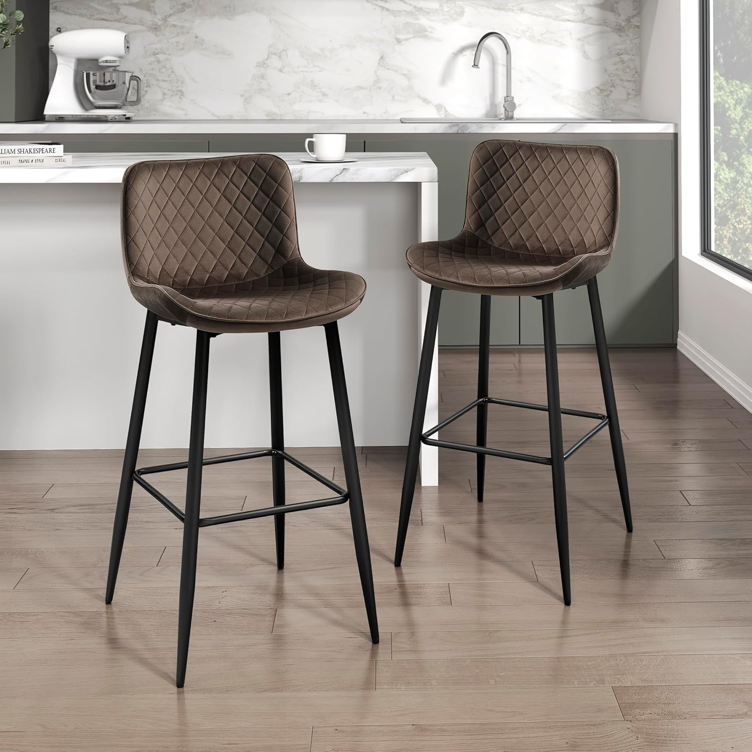 Lexicon Bar Stools Set of 2 - Bar Height Stools for Kitchen Table, Kitchen, Solid Padded Back, Tall, Black Metal Finish and Brown Velvet Cushion Seat, 29''SH 29" SH Brown