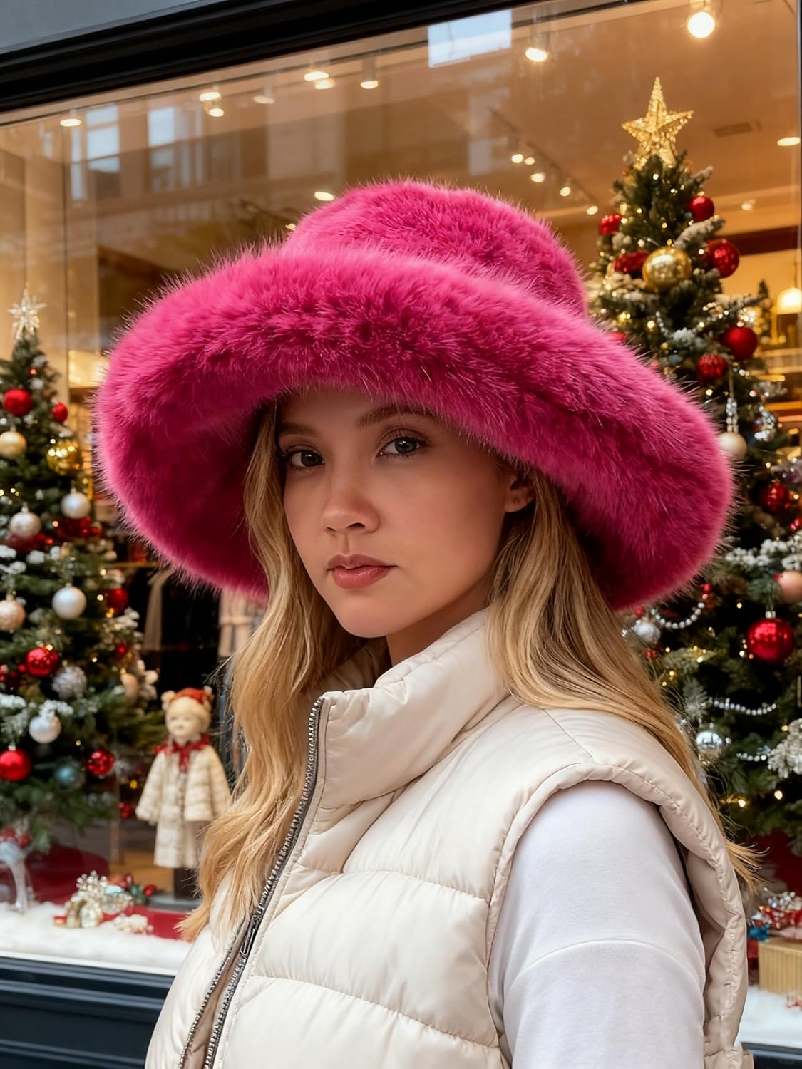 Faux Fur Bucket Hat for Women - Oversized Winter Long Pile Fur Wide Moldable Brim Warmer Cap - Image 3