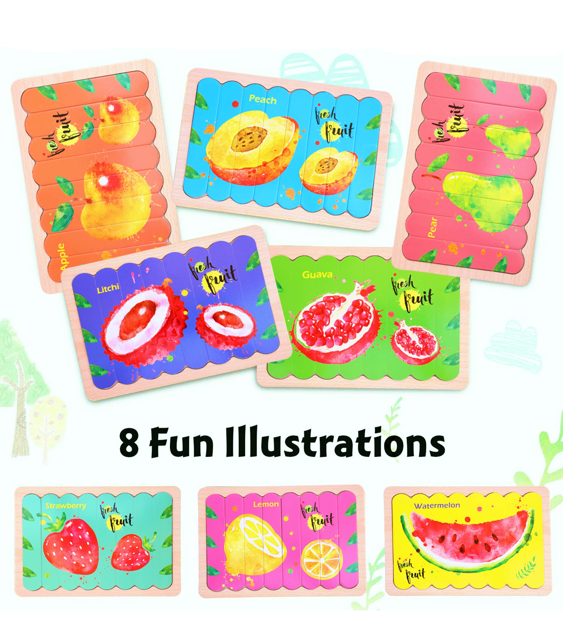 toyshine fruit wooden jigsaw puzzles pattern blocks sorting and stacking toys peg puzzle preschool montessori educational toys (32 pieces & 8 patterns)- Multi color