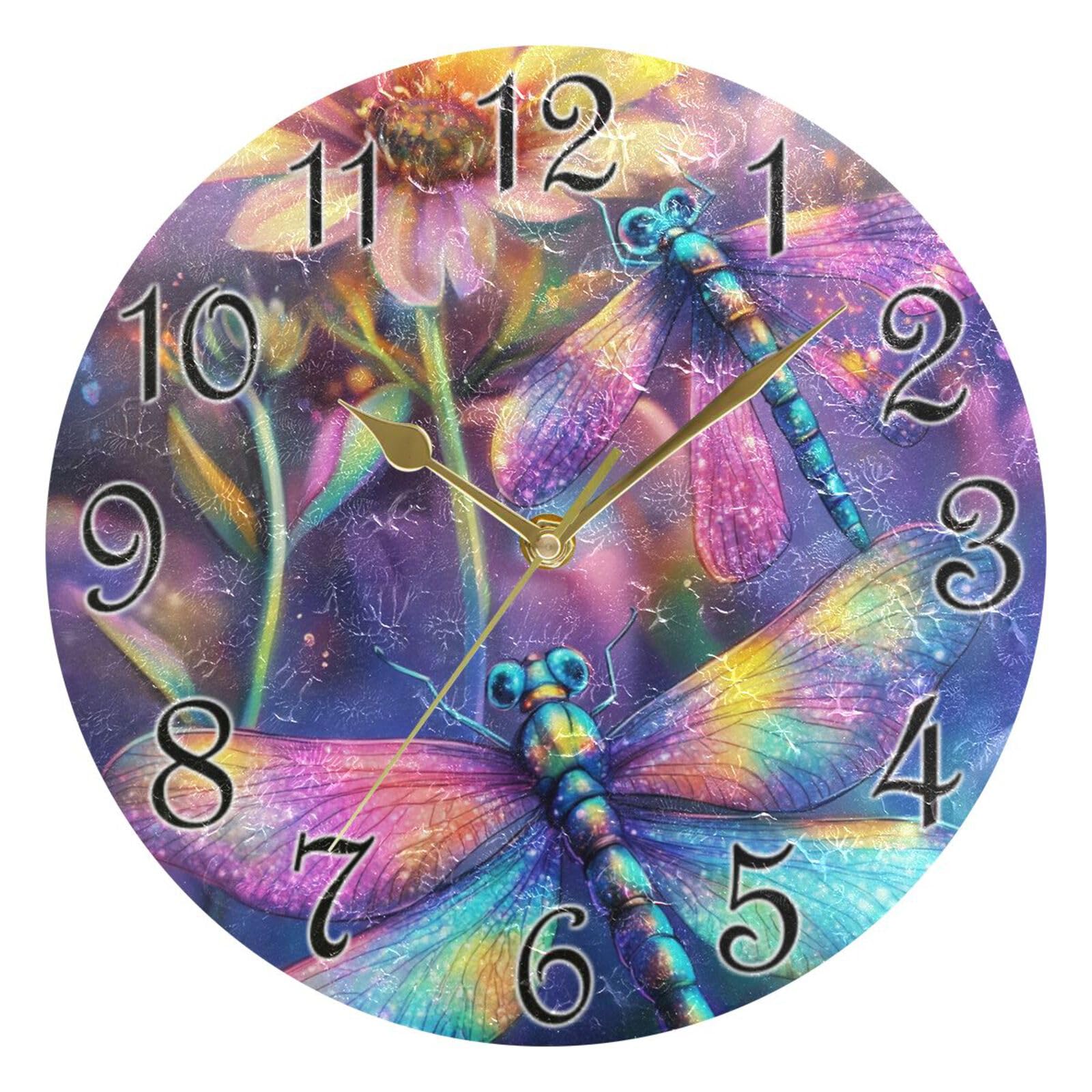 susiyo Reloj de pared redondo y silencioso con diseño de libélula y flores pastel, funciona con pilas, no hace tictac, creativo reloj decorativo para niños, sala de estar, dormitorio, oficina, cocina