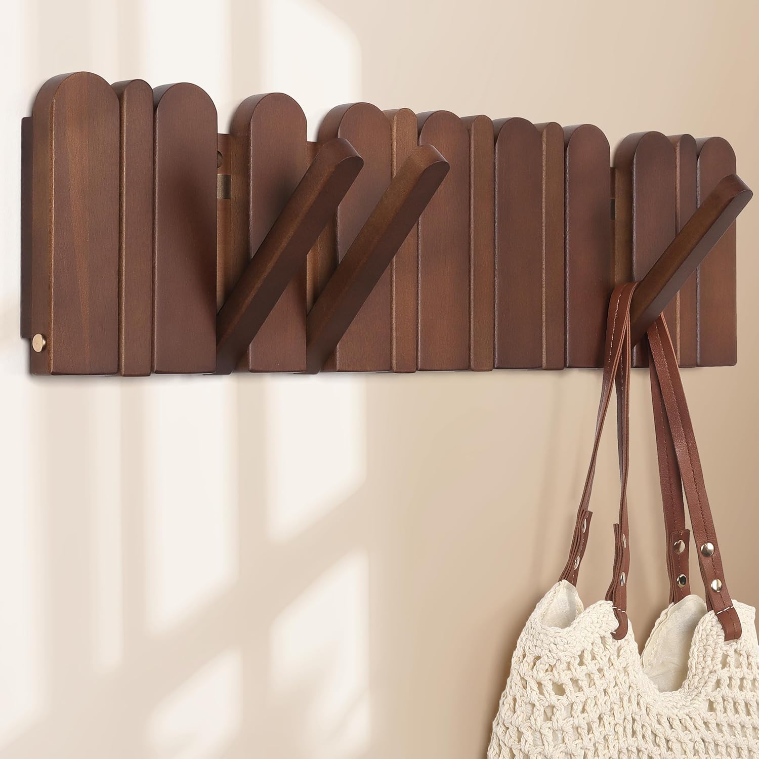 Wall Coat Rack for Entryway: Wooden Modern Heavy Duty 8 Hooks 21.6'' Retractable Wall Mounted for Mid Century Home Decor Hallway Bathroom Bedroom for Hanging Jacket Towel Backpack Bag