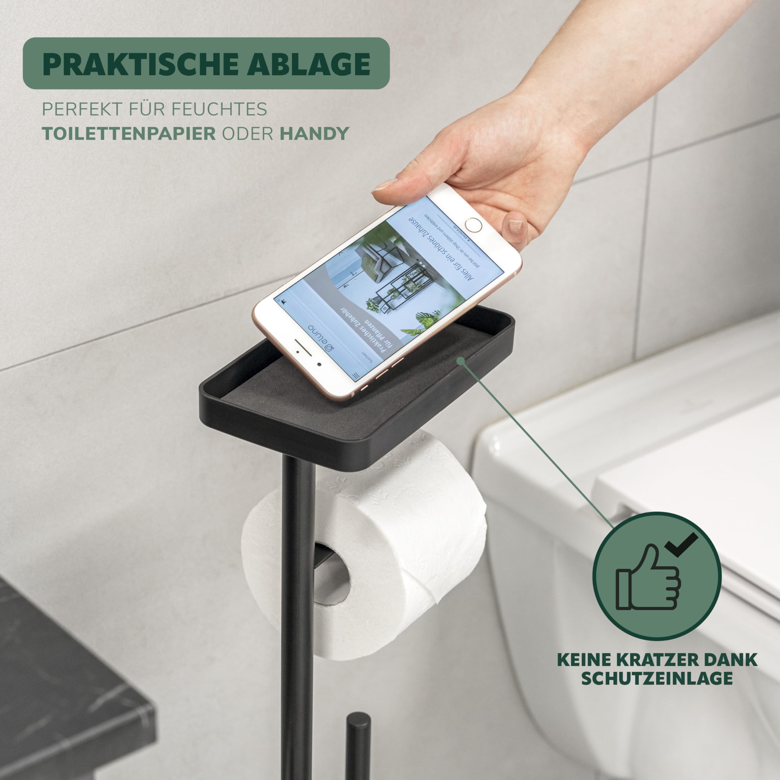 eluno Set WC 4 in 1, set WC autoportante con scopino per WC, 2 testine di ricambio, portarotolo per 3 ruote, ripiano, vetro satinato e metallo (nero), 91159-V