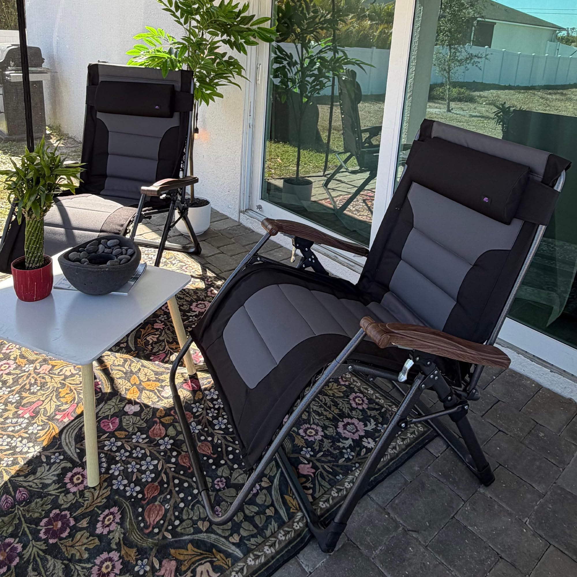 PURPLE LEAF Outdoor Reclining Chair Extra Wide Quilted Cushion, Black Grey