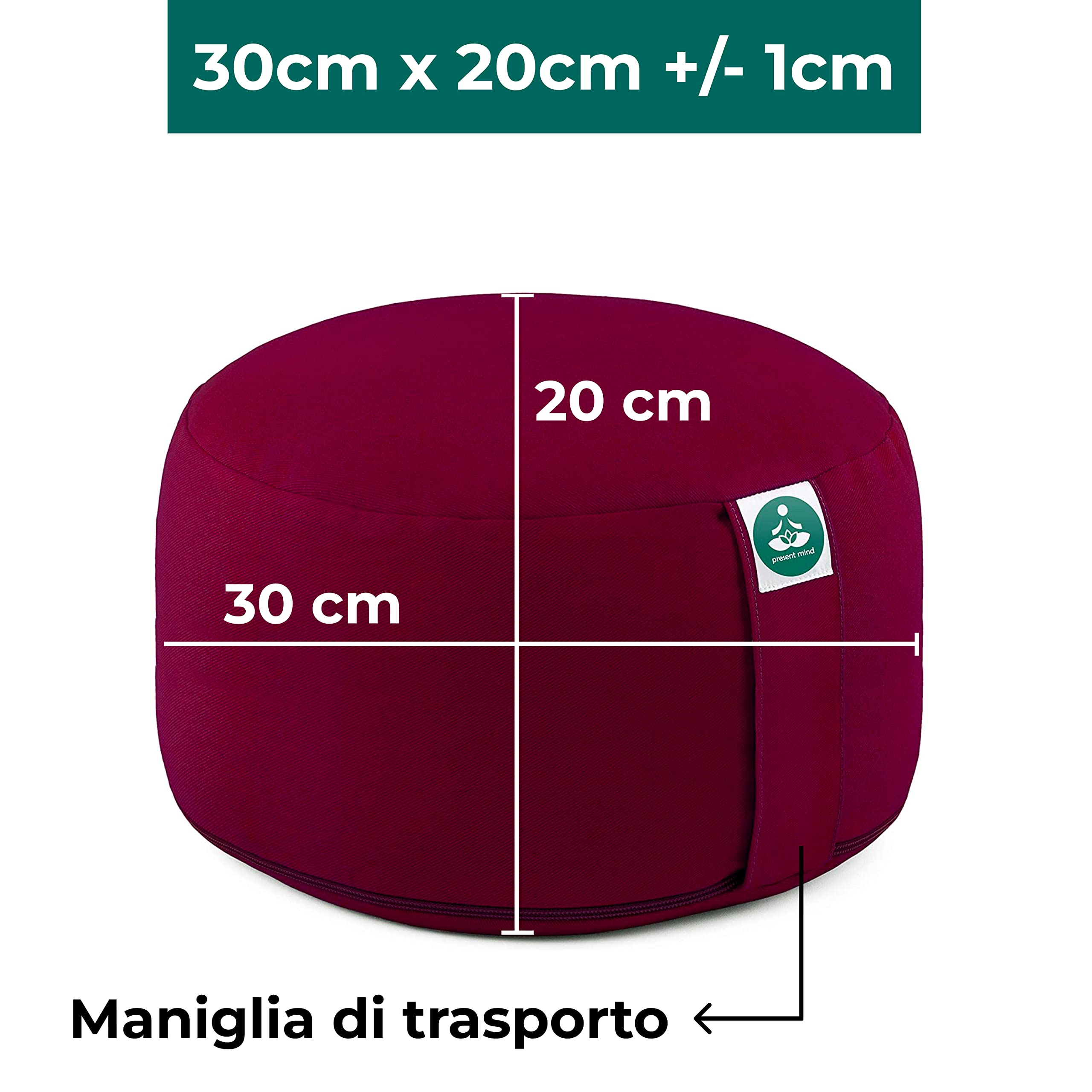 Present Mind Cuscino Meditazione Yoga Zafu, Altezza 20 cm, Rivestimento in Cotone Lavabile