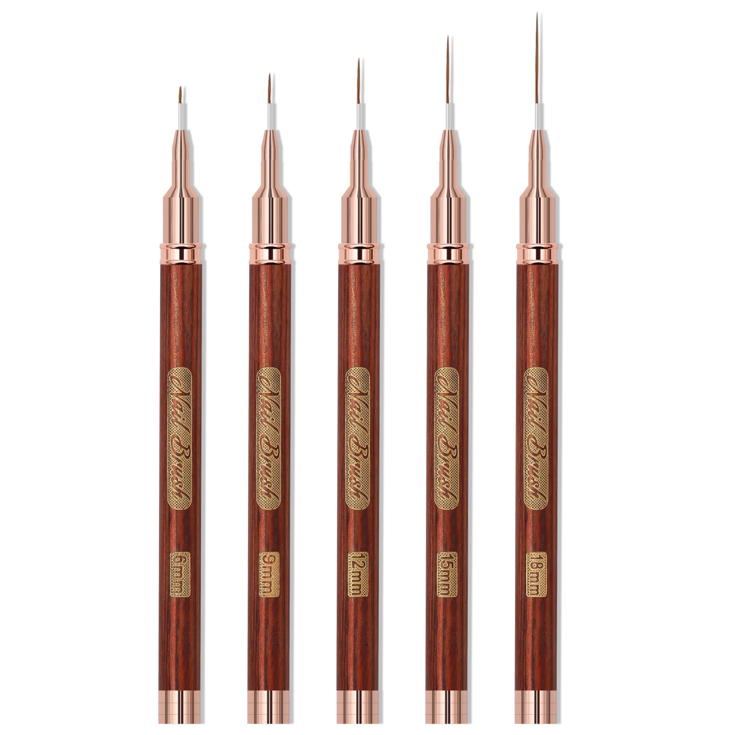 Nail art brushes, 5Pcs Nail Art Liner Brushes, Painting Art Design Brush Set Nail Dotting Drawing Tool for Long Lines, Thin Details, Fine Drawing Sizes 6/9/12/15/18mm, Rose gold