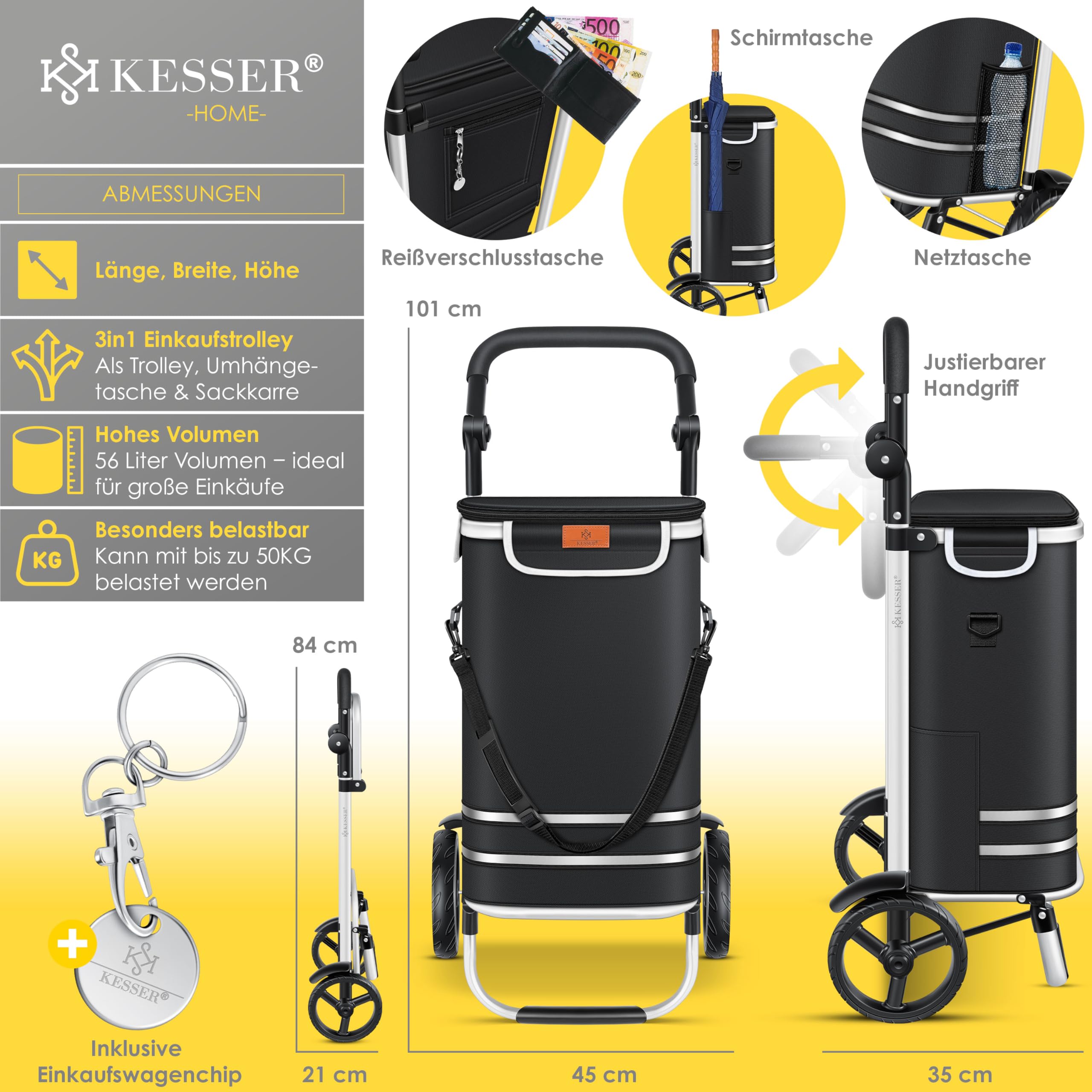 KESSER® Einkaufstrolley klappbar mit 56L Kapazität und belastbar bis 50kg | 3in1 Trolley Sackkarre & Umhängetasche | Faltbarer Einkaufswagen inkl. Kühlfach & Einkaufschip | Treppensteiger Schwarz