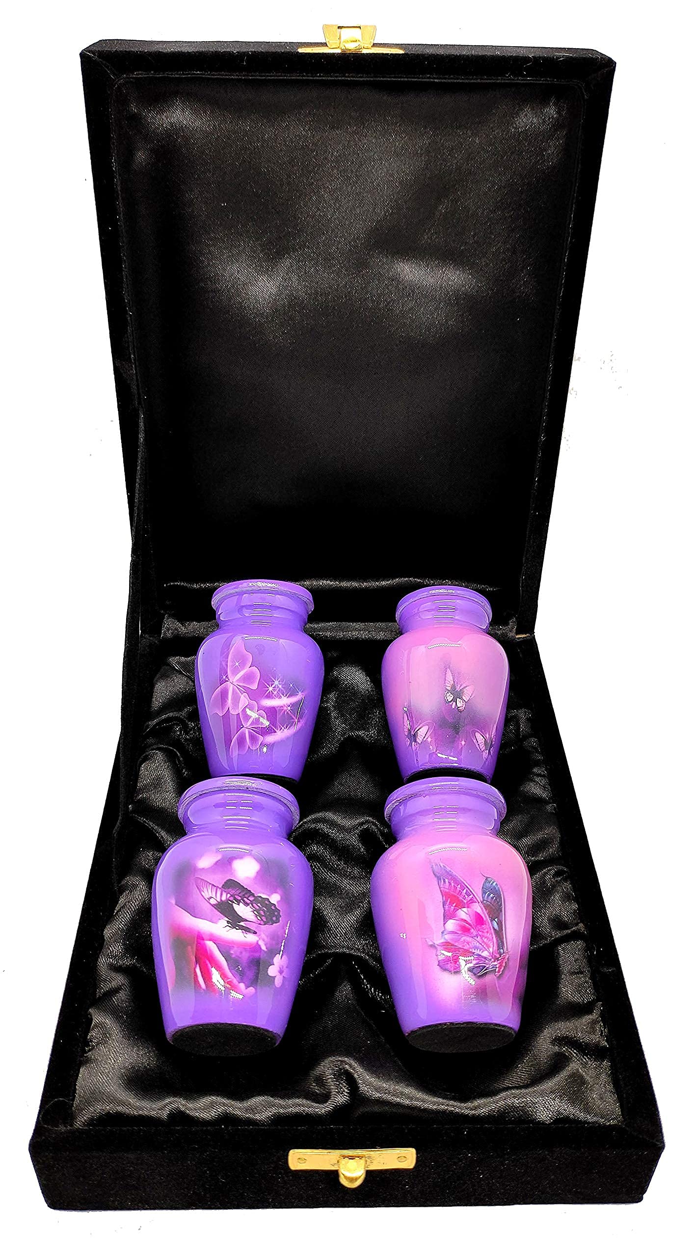 Akanksha Arts Classic Small Mini Cremation Keepsake Urns for Human Ashes – Set of 4 - with Box and Velvet Box - Lovely Purple Colour