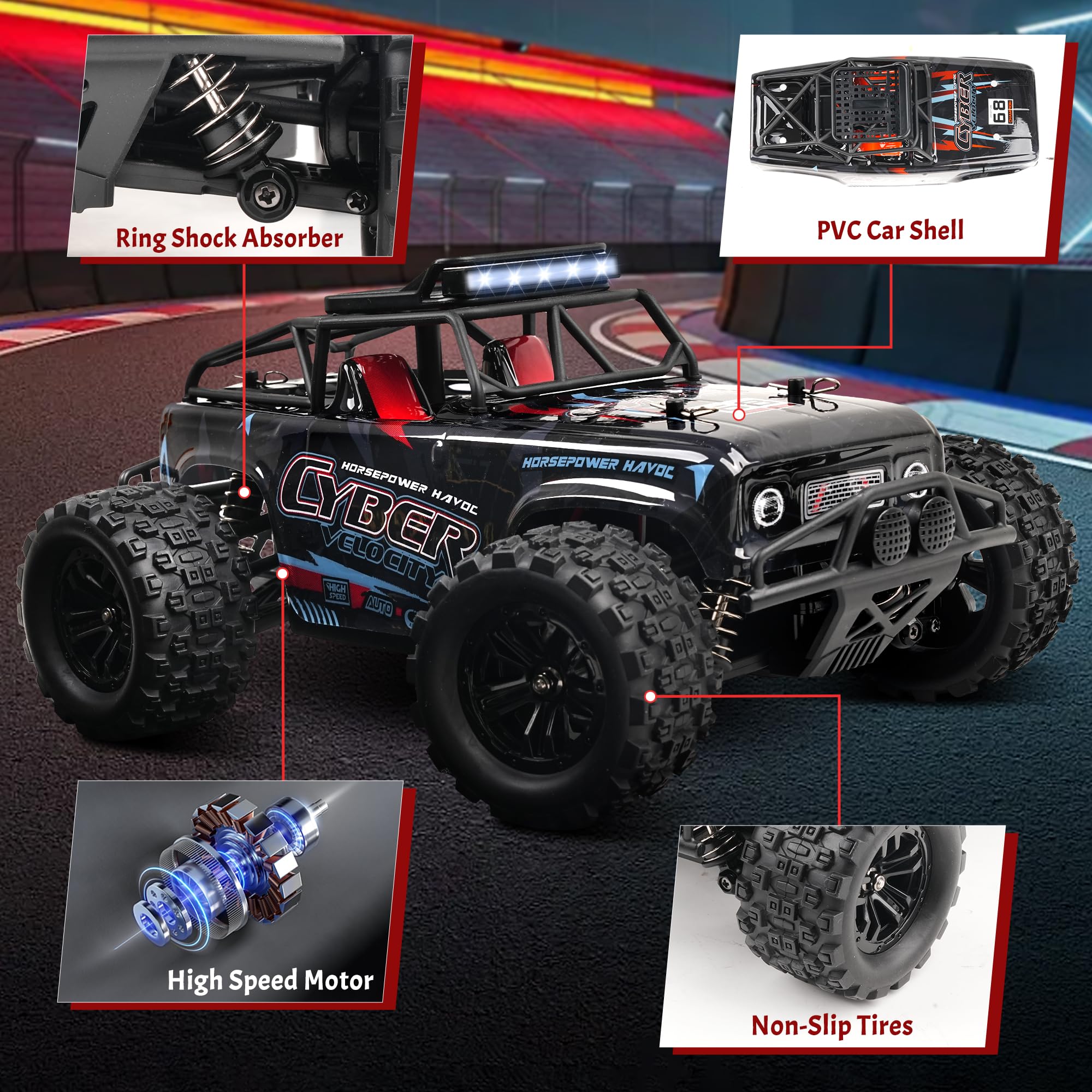 Coche Teledirigido - Coche Teledirigido A Escala 1:18 Alta Velocidad 40Km/H Todoterreno 4WD 2 BateríAs 2,4 GHz Recargable para Adultos Y NiñOs - Negro