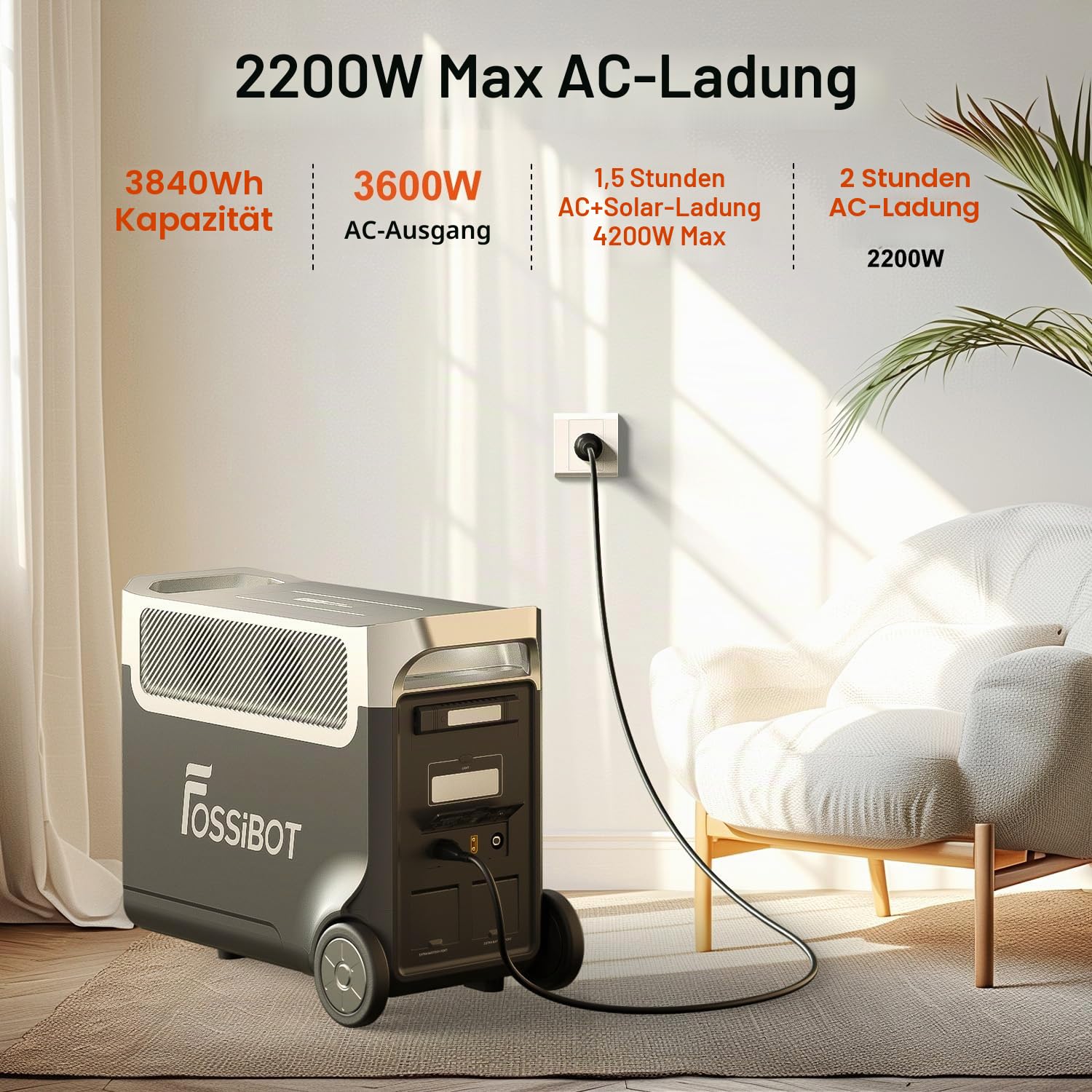 FOSSiBOT F3600 Pro Tragbare Powerstation 3840Wh, 3600W AC Output, Erweiterbar 3.8-11.5 kWh, LFP-Batterie mit 6500+Zyklen, 2000W PV Input, Solargenerator für Zuhause, Camping, Wohnmobil