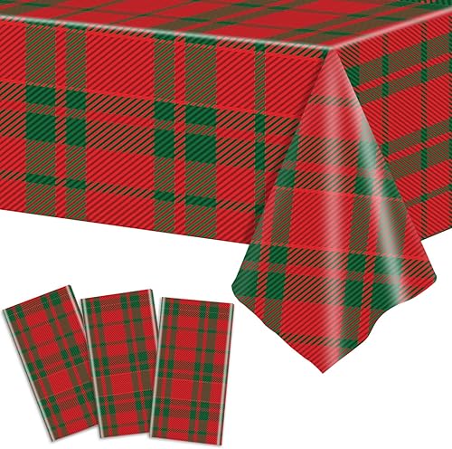 Mantel de Navidad de 3 piezas a cuadros, mantel rectangular de plástico rojo y verde, decoración de fiesta temática de Navidad para Navidad,