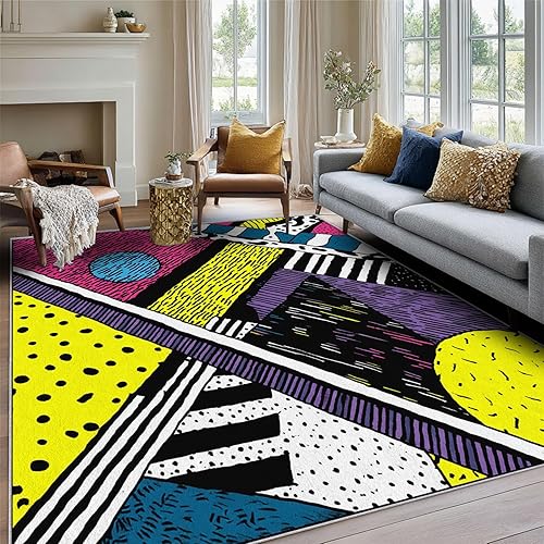 Miniatura 55 de Alfombra retro de los años 70, alfombras de área de 6 x 8 pies, patrón geométrico moderno de mediados de siglo, para sala de estar, dormitorio,