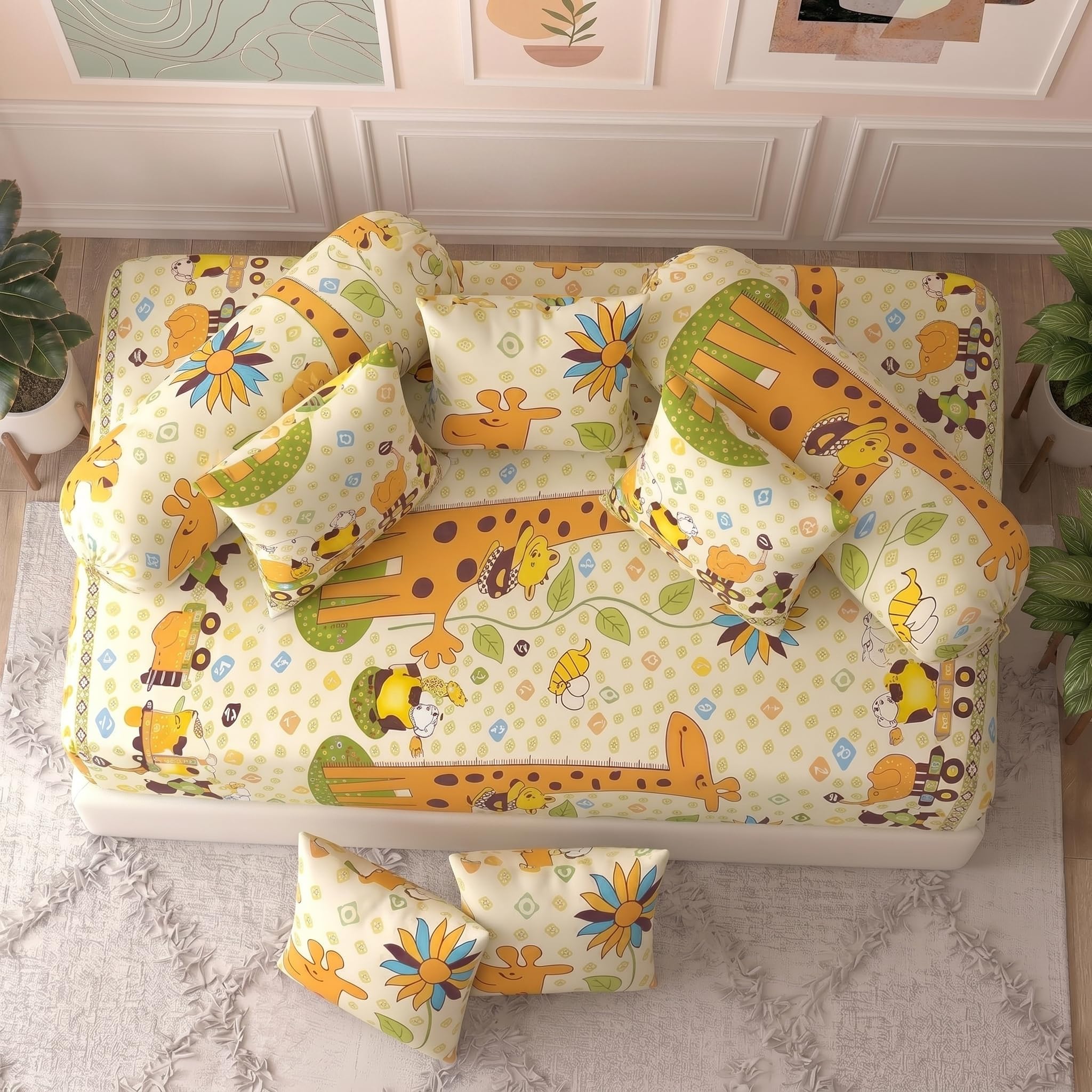 Filymore Yellow Giraffe Kids Fitted Diwan Set 8 Pieces β Microfiber Diwan Bedsheet Set with 5 Cushion Covers & 2 Bolster Covers | Soft Cartoon Giraffe Print Diwan Cover Set for Kids Room 3