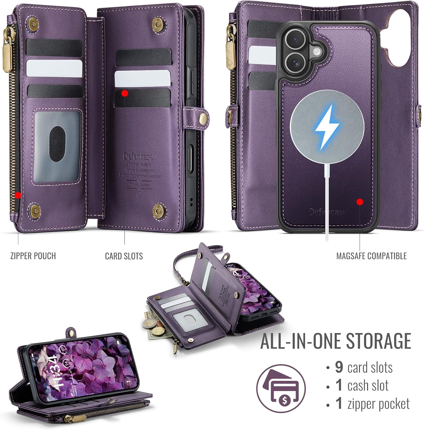 Defencase for iPhone 16 Magnetic Wallet Case Compatible with Magsafe with RFID Blocking Zipper Pocket & Card Holder for Women Men PU Leather Strap Detachable Case for iPhone 16 (6.1 inch), Purple - Image 2