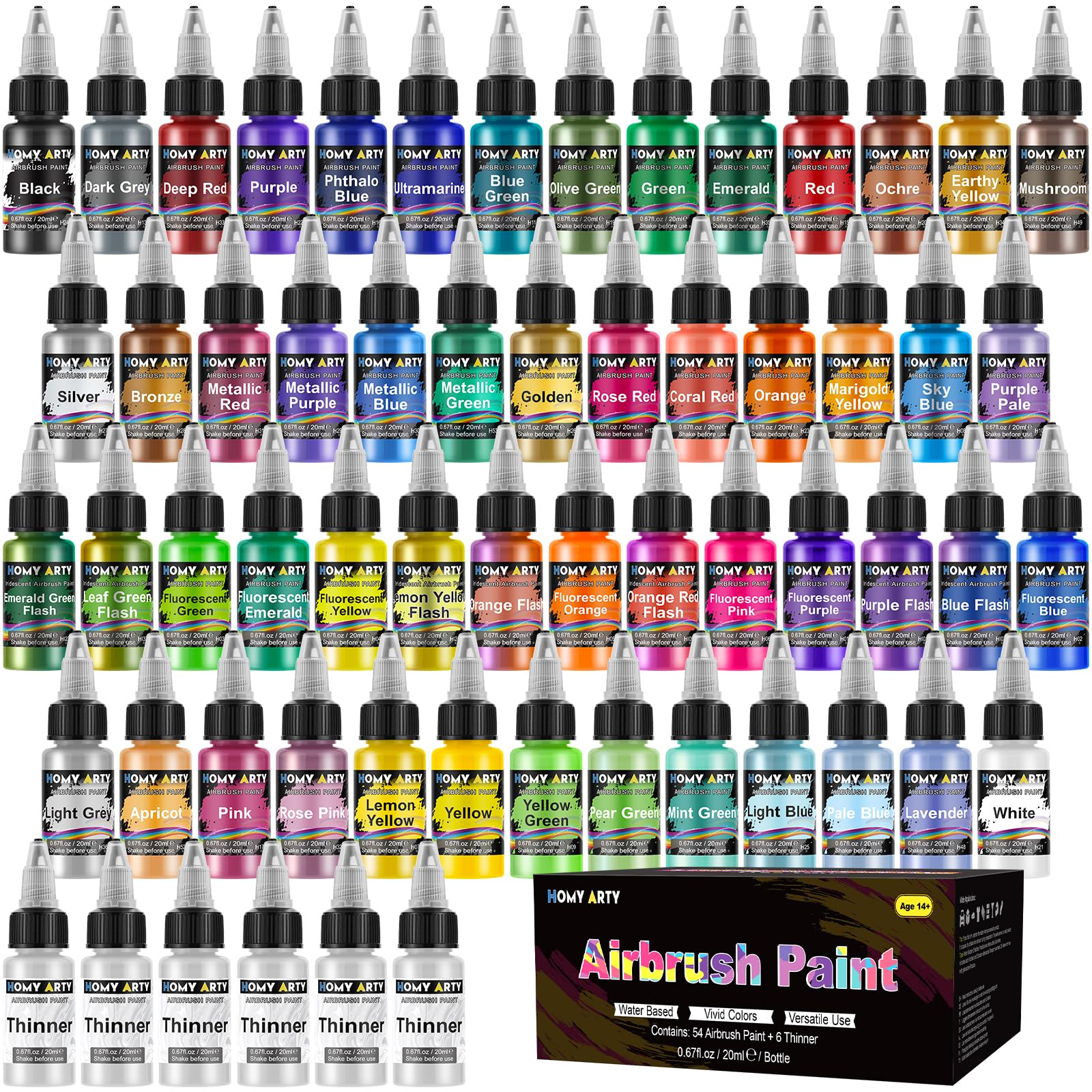 HOMY ARTY Airbrush Paint - 54 Colors with 6 Thinner