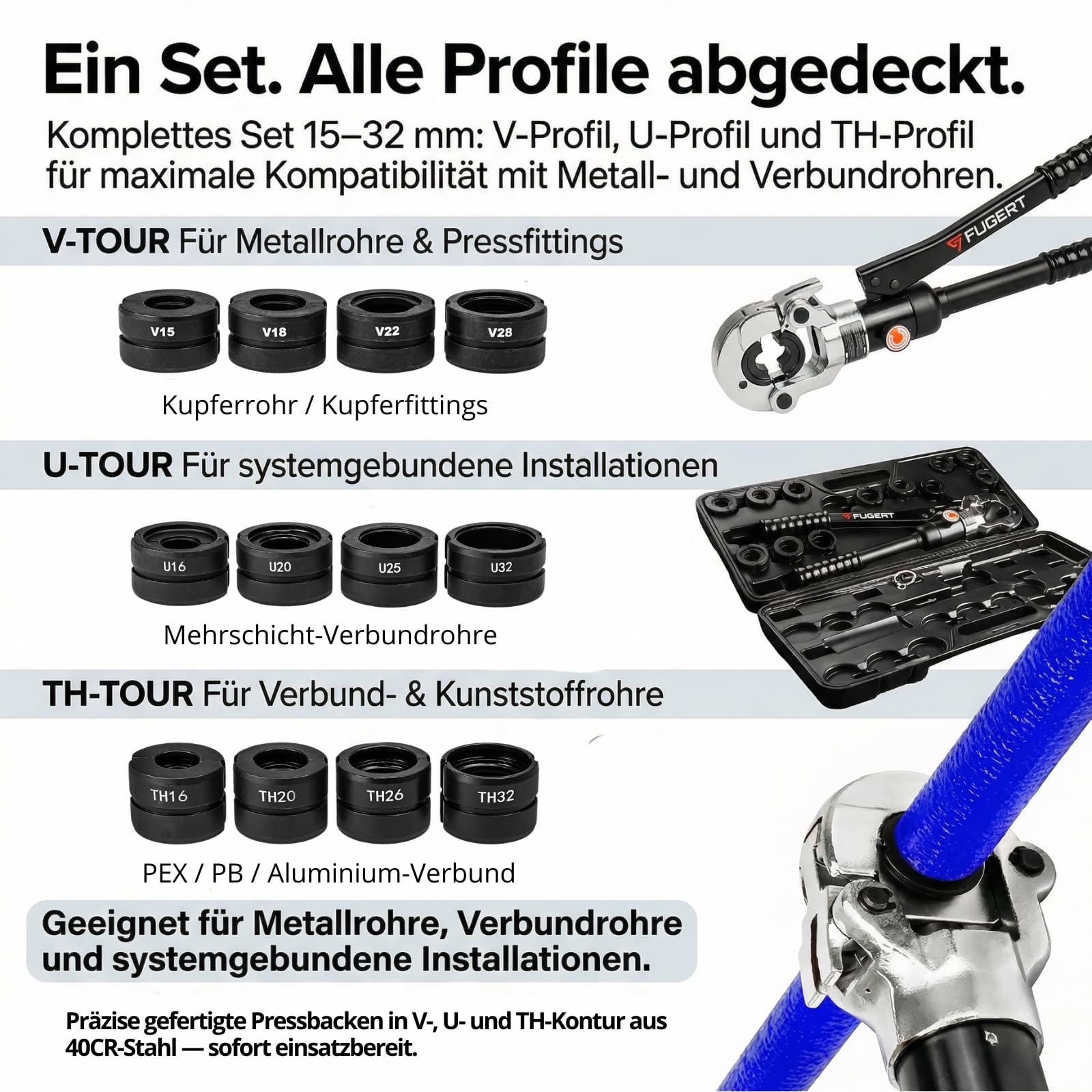 Presszange für Kupferrohr & Verbundrohr 3 Konturen V/TH/U 15–32mm - 12T Hydraulische Rohrpresszange - Edelstahlrohr - 360° Kopf - Koffer