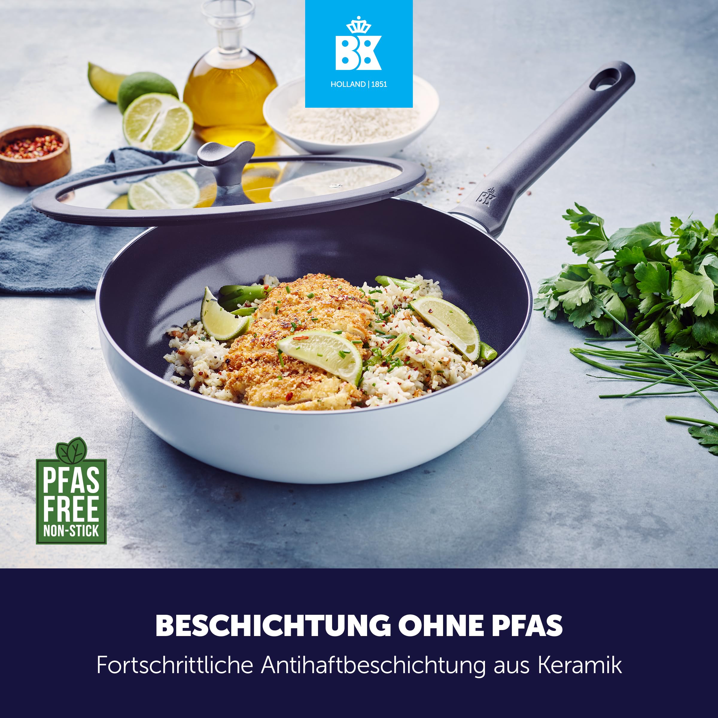 BK Enjoy Keramik-Wokpfanne mit Deckel Ø 28 cm/4,2 l, PFAS-frei, Induktionsgeeignet, Ofenfest bis 160 °C, Spülmaschinenfest, Schnelle Erhitzung, Cool-Touch-Griffe, Blau