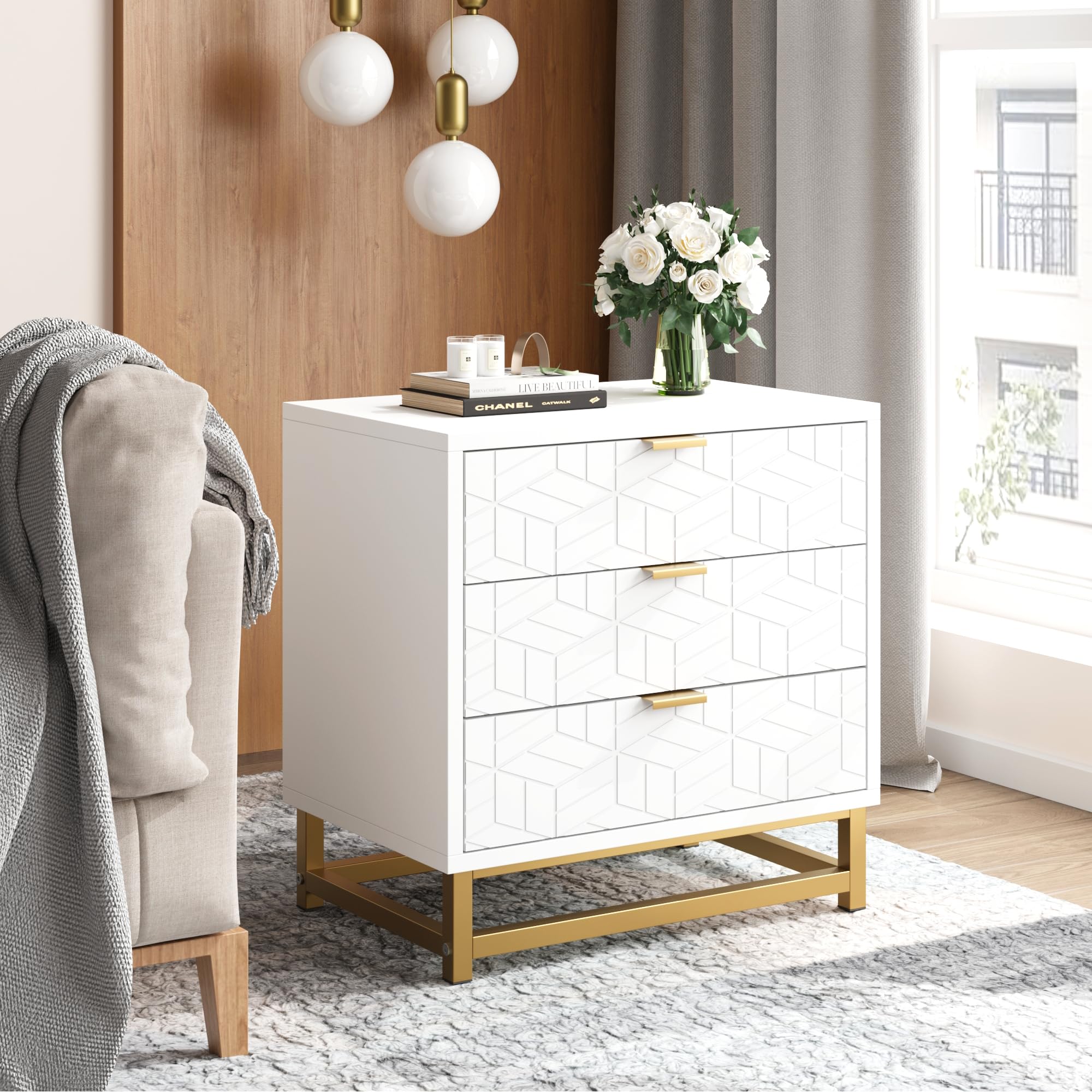 GAOMON White Dresser, 3 Drawer Dresser for Bedroom, Wood Dresser?Chest of Drawers, Modern Dressers with Gold Metal Handles for Living Room, Hallway, Entryway