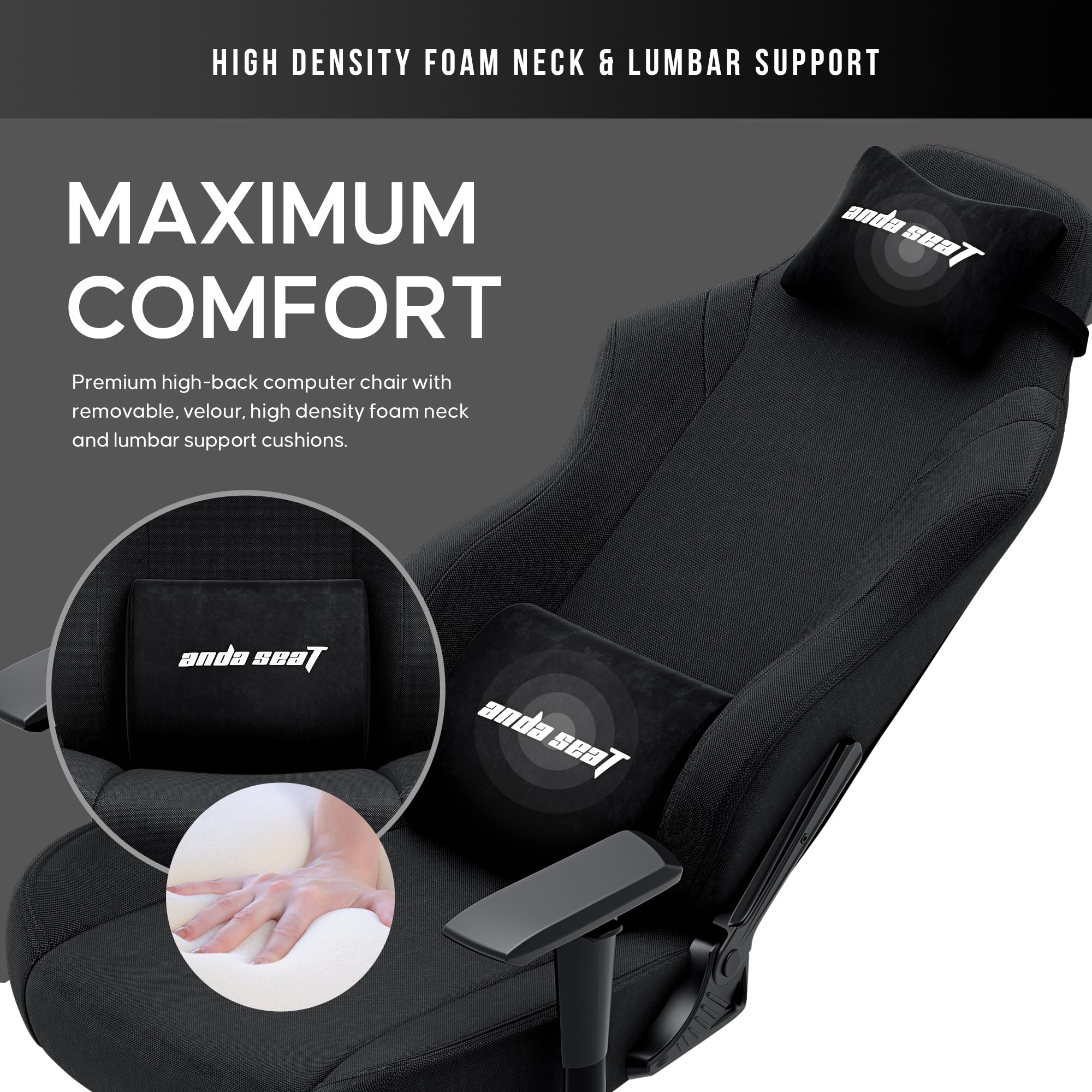 Anda Seat Luna Grande Chaise Gaming pour Adulte - Chaises Gaming Ergonomiques, Chaise de Bureau en Tissu, Soutien Lombaire Renforcé pour Cou et Dos, Fauteuil Gamer Reclinable - Noir