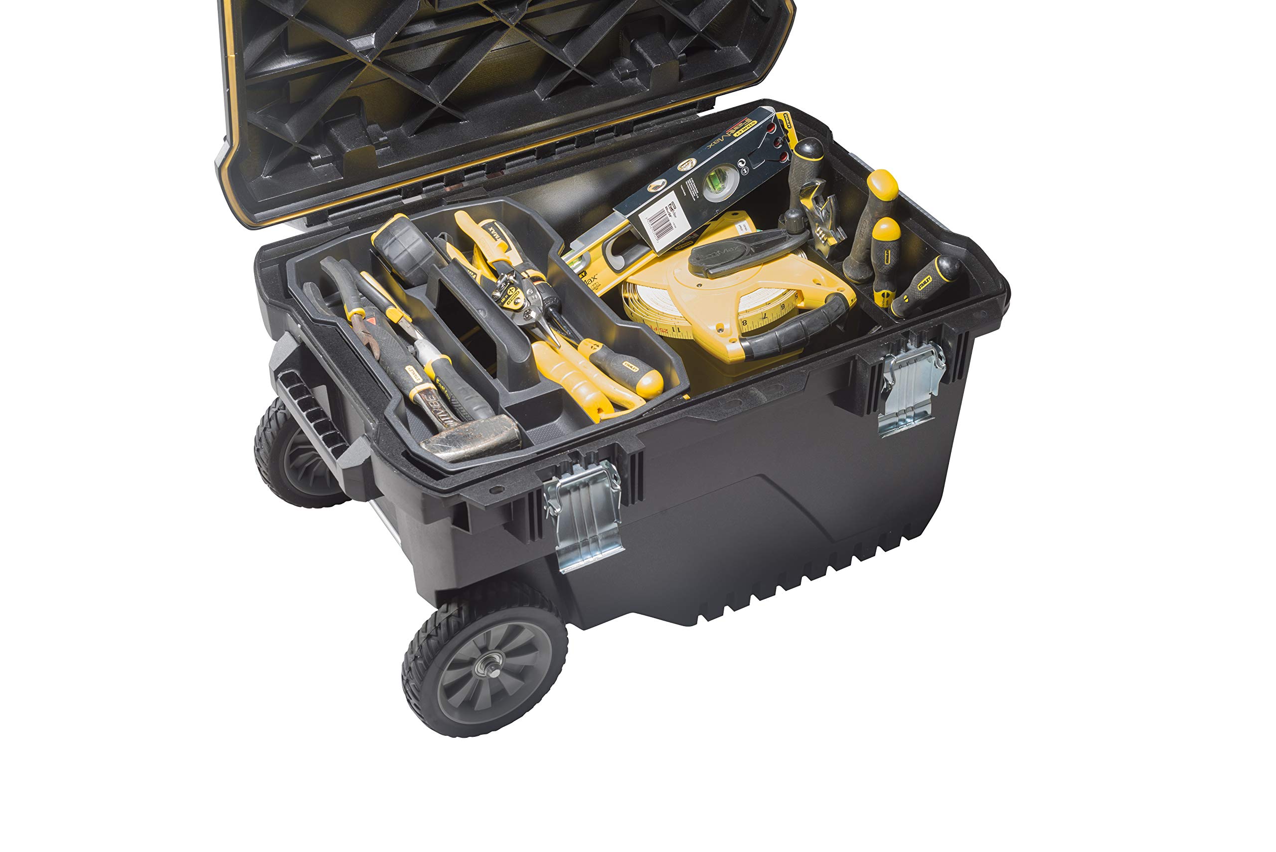 Stanley FatMax Mobile Werkzeugbox/Werkzeugbehälter (Koffer mit hohem Volumen 90 Liter, Kunststoffbox mit Vertiefung im Deckel, Metallverstrebungen) FMST1-73601
