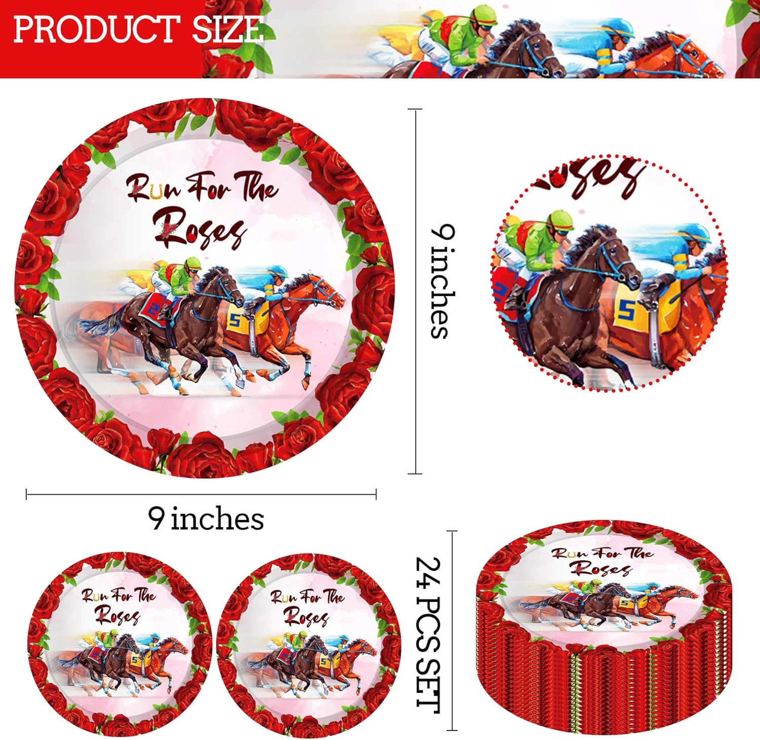 24Pcs Horse Racing Party Plates - 9 Inch Run for The Roses Horse Design Paper Plates Derby Day Party Decorations for Equestrian Enthusiasts Theme Birthdays, Derby Day Racing Decorations - Image 2