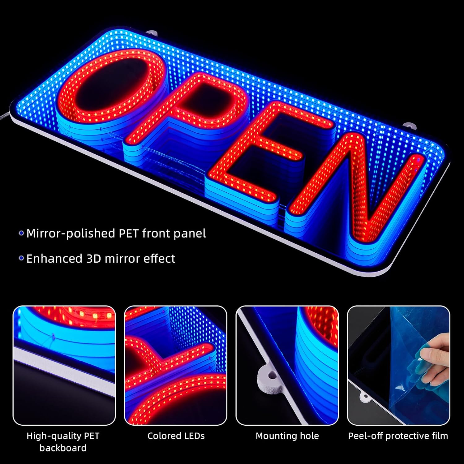 FITNATE 3D LED Open Sign, 21.2 Inch Large Double-Sided Open and Closed Sign Infinity Mirror, Dimmable, for Business Storefront, Bar, Cafe, Wall & Window Decor