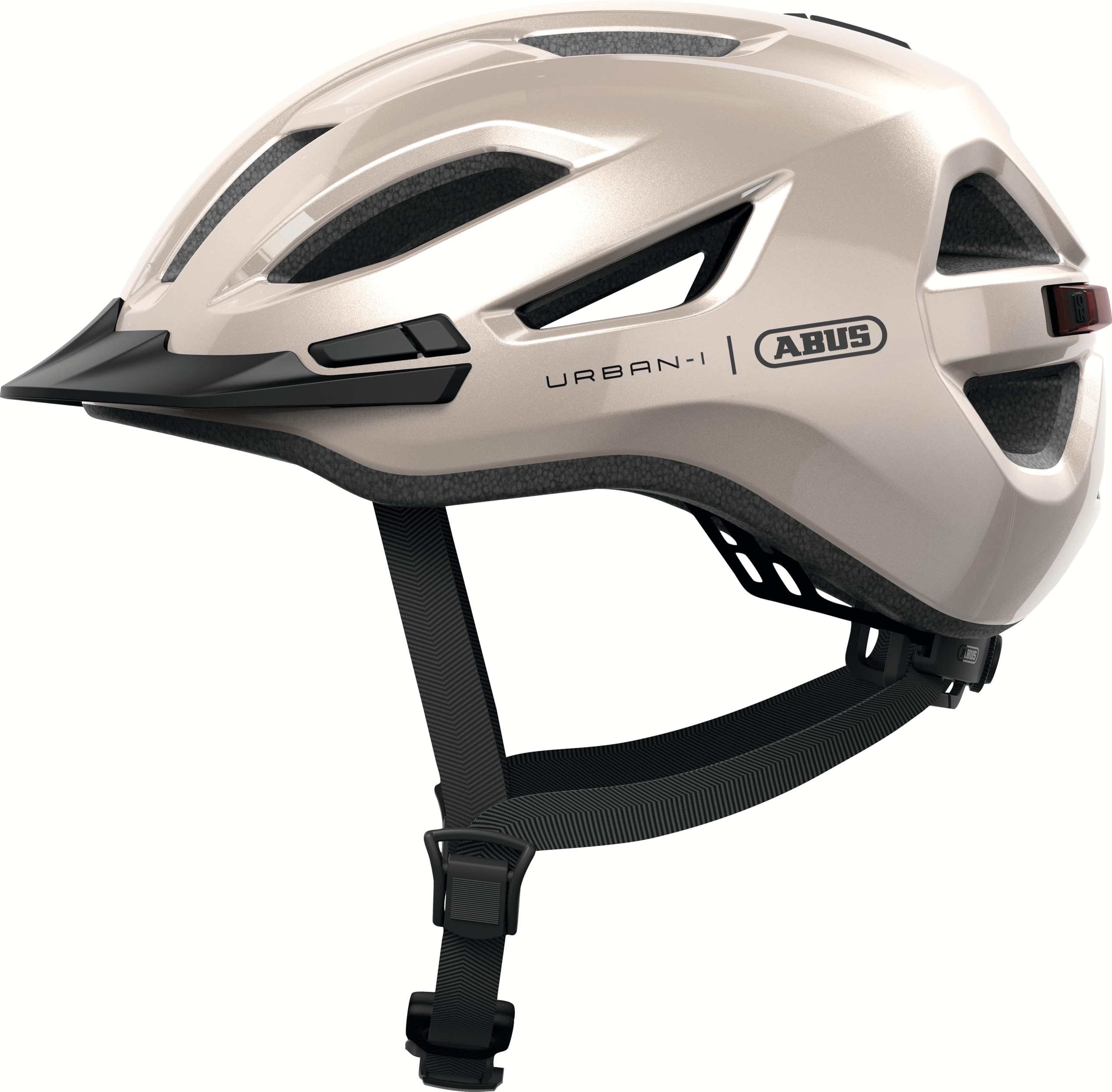 ABUS Casque de vélo Urban-I 4.0 - Casque de vélo avec feu arrière Rechargeable, 2 Modes d'éclairage, visière, Ouverture pour Tresses et Fermeture magnétique - pour Adolescents, Femmes et Hommes