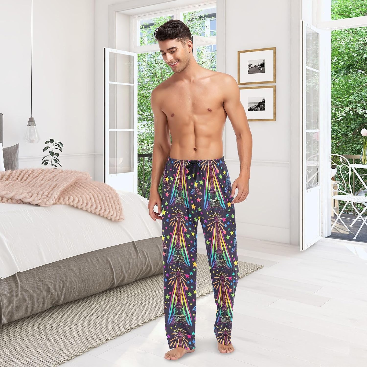 ALAZA Rainbow Eiffel Tower Stars Men's Pajama Pants Men Cotton Pajama Bottoms with Pockets, S