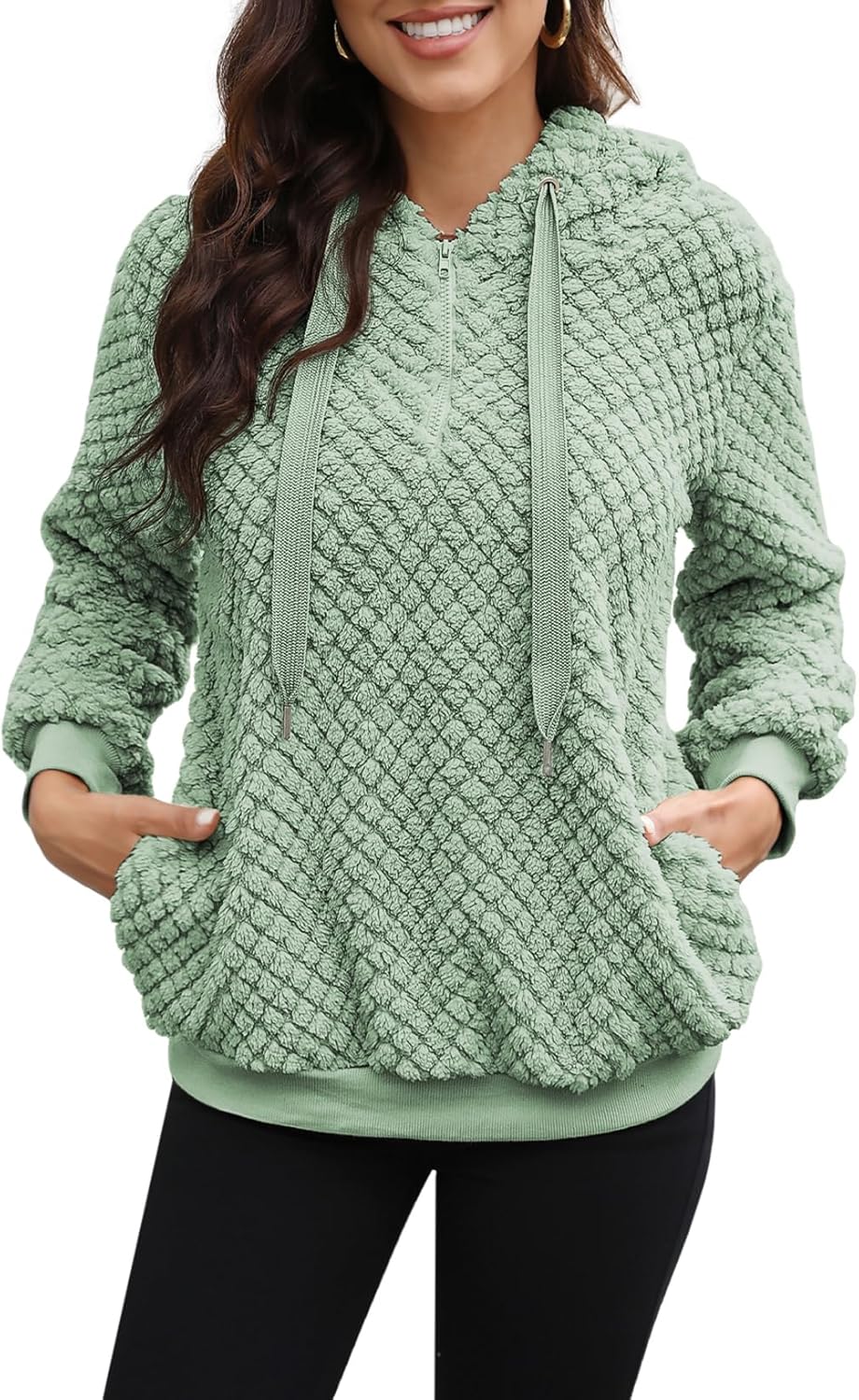 Nirovien Womens Sherpa Pullover Oversized Fuzzy Hoodie Double Fleece Sweatshirts Fluffy Plaid Outerwear Warm Coats - Image 2