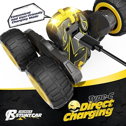Miniatura 3 de Tecnock Coche de control remoto para niños, autos RC de 2.4 GHz con USB-C de fácil carga, 4WD de doble cara gira y gira en 360, auto de acrobacias a