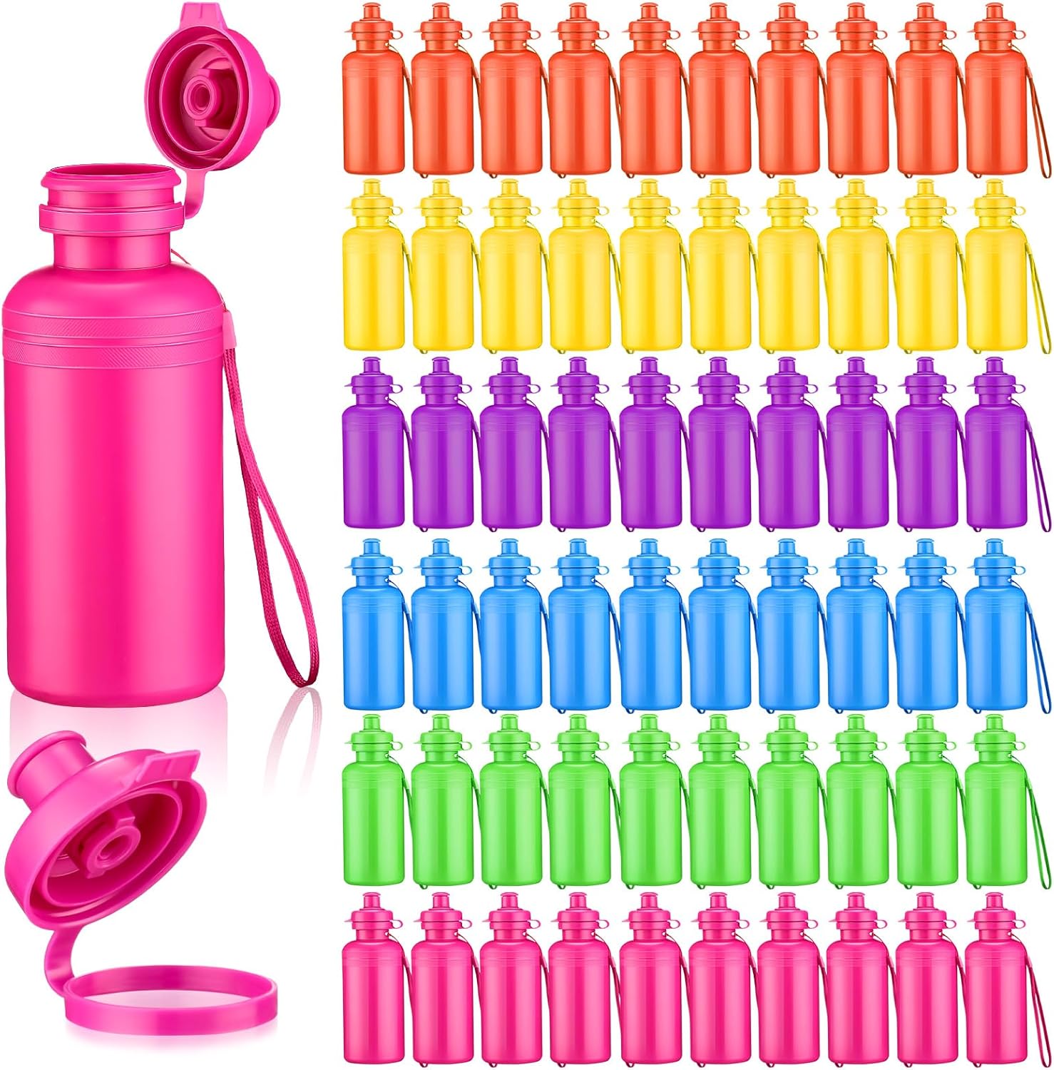 Bokon 60 Pcs 18 oz Reusable Water Bottles for Kids, Sports, School; Plastic, Non-Slip, DIY Blank Design with Strap & Squeeze Top Lid