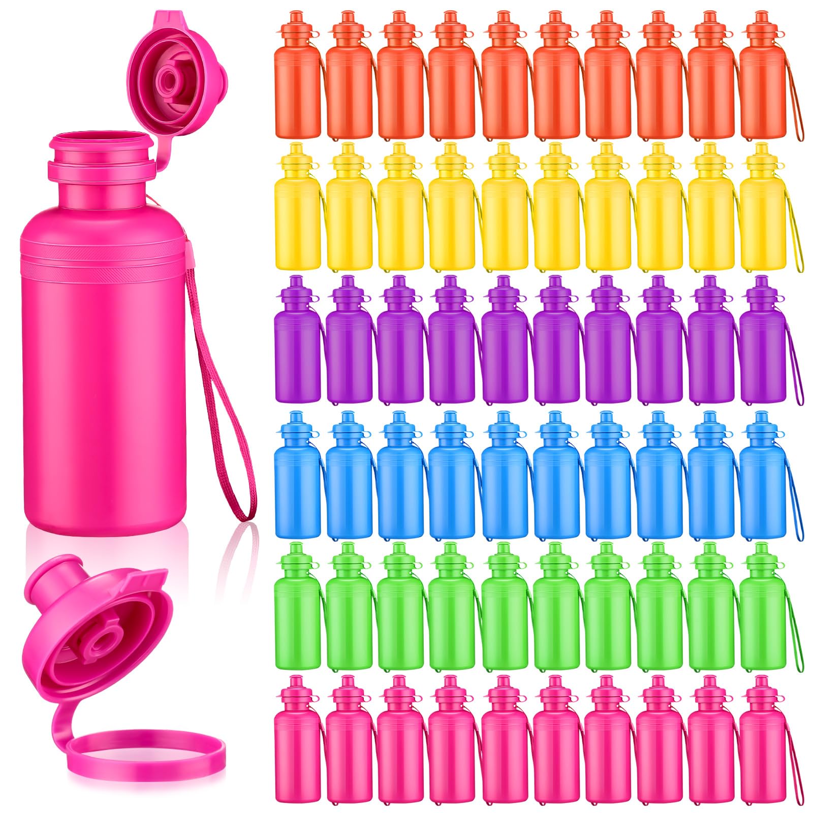 Bokon 60 Stück 530 ml Bulk Wasserflaschen für Kinder Wiederverwendbare Wasserflaschen Sport Kunststoff Wasserflasche mit Gurt Squeeze Neon Wasserflaschen für Kinder Fahrrad Team Studenten Sommer