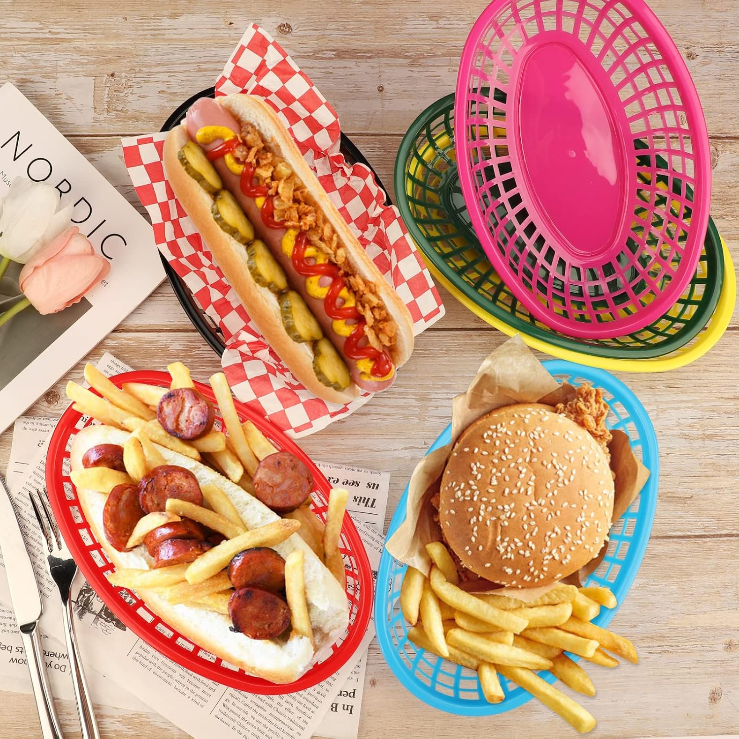 EUSOAR Plastic Serving Trays, 6pcs 9.4"x 5.9" Food Baskets for Serving, Reusable Bread baskets for Fast Food Restaurant Supplies, Deli Serving, Chicken, Burgers, Sandwiches & Fries