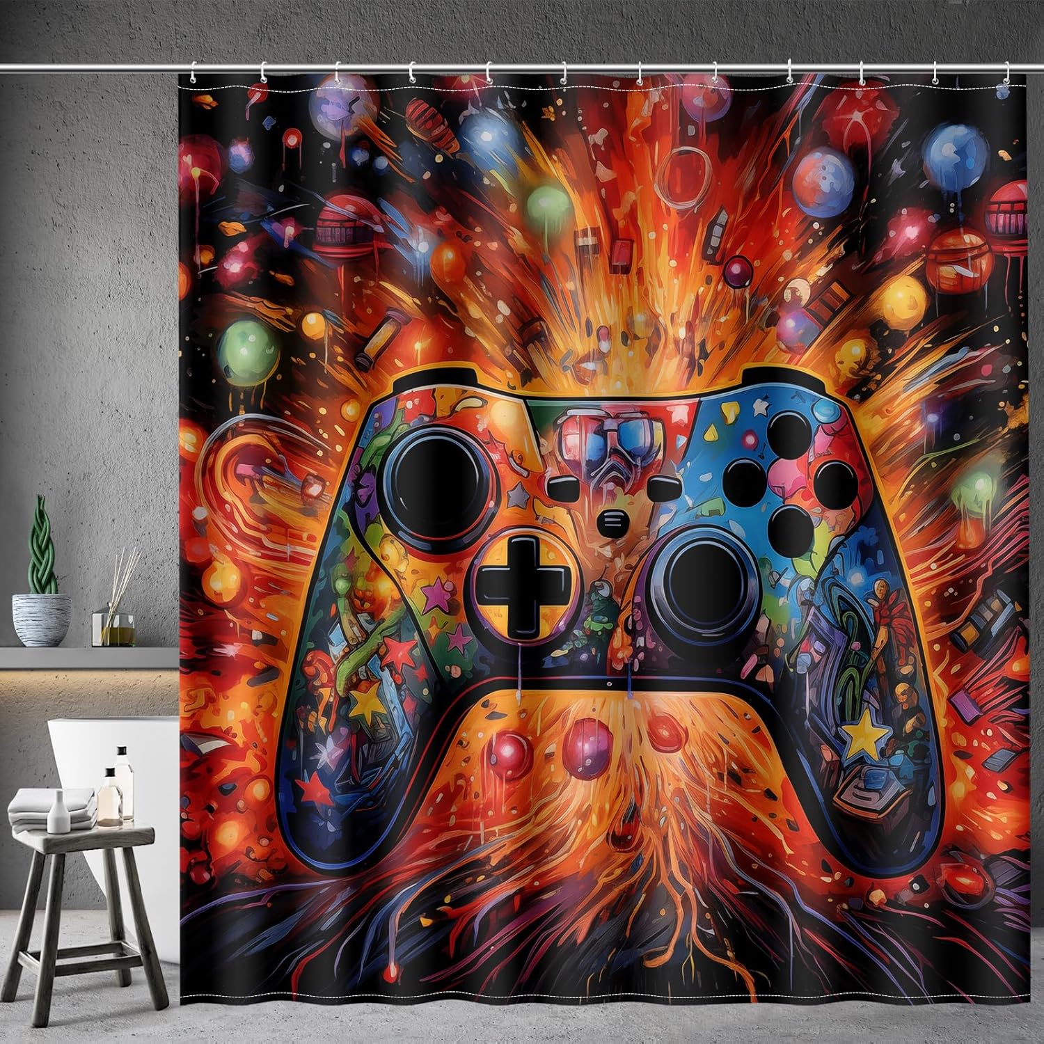 Aimego Extra Long Shower Curtain - Gaming Game Gamer Video Games Gamepad Controller Cool Fabric Cloth Shower Curtain Set with 12 Hooks for Kids Bathroom Decor Accessories Bathtub Curtain, 72"x84"