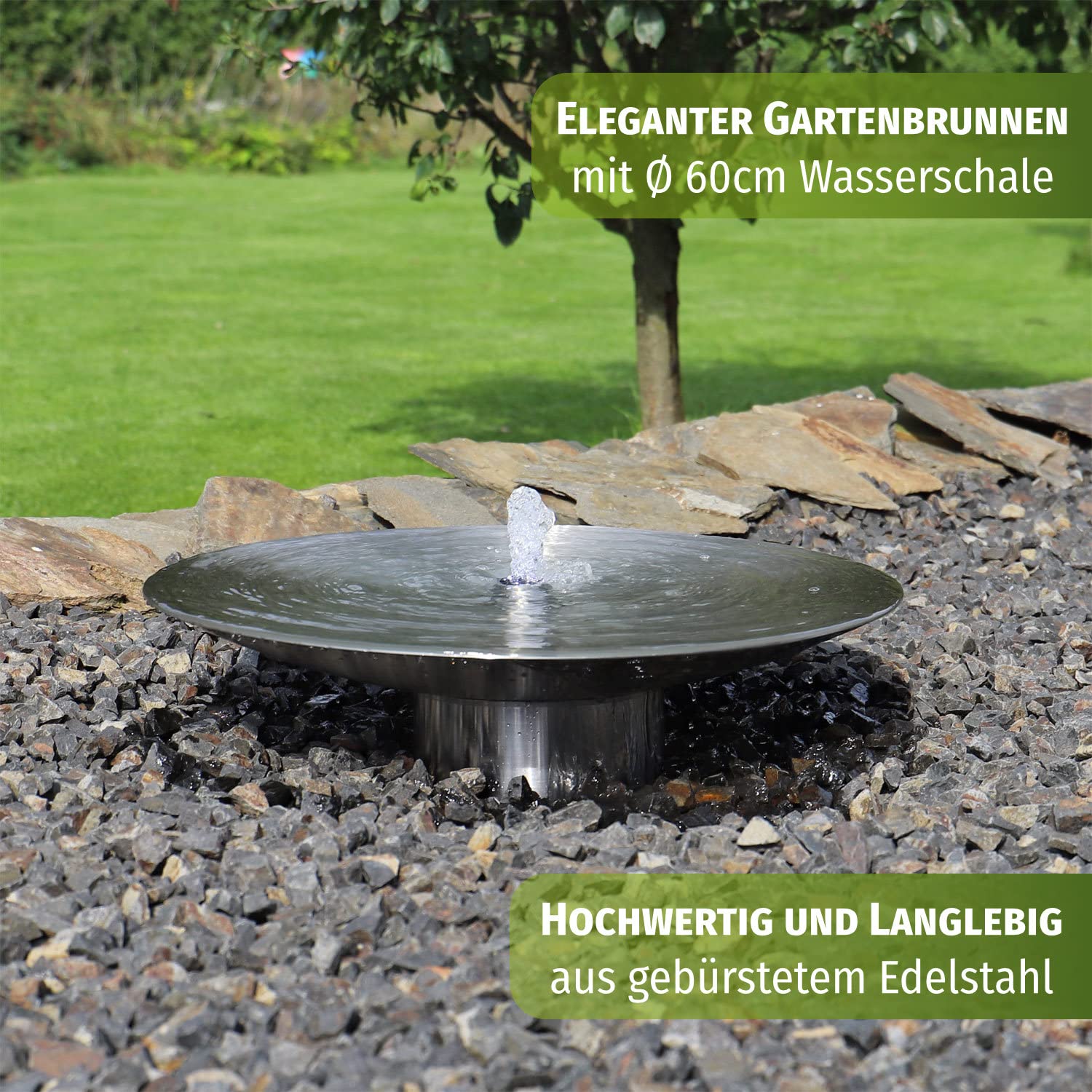 CLGarden Edelstahl Springbrunnen Wasserschale EWS60 Garten Brunnen Set 60cm mit LED Beleuchtung