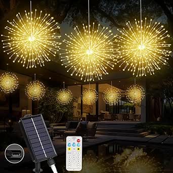 Solar Firework Lights Outdoor, 600 LED Starburst Light Outdoor with USB Rechargerable, 8 Modes Wa...