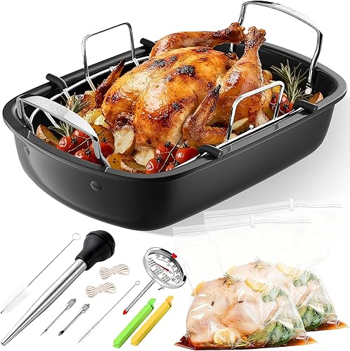 Miniatura 21 de Sartén para asar, 17 x 13 pulgadas con estante extraíble, sartén antiadherente para asar pavo, carne y verduras (dorado)