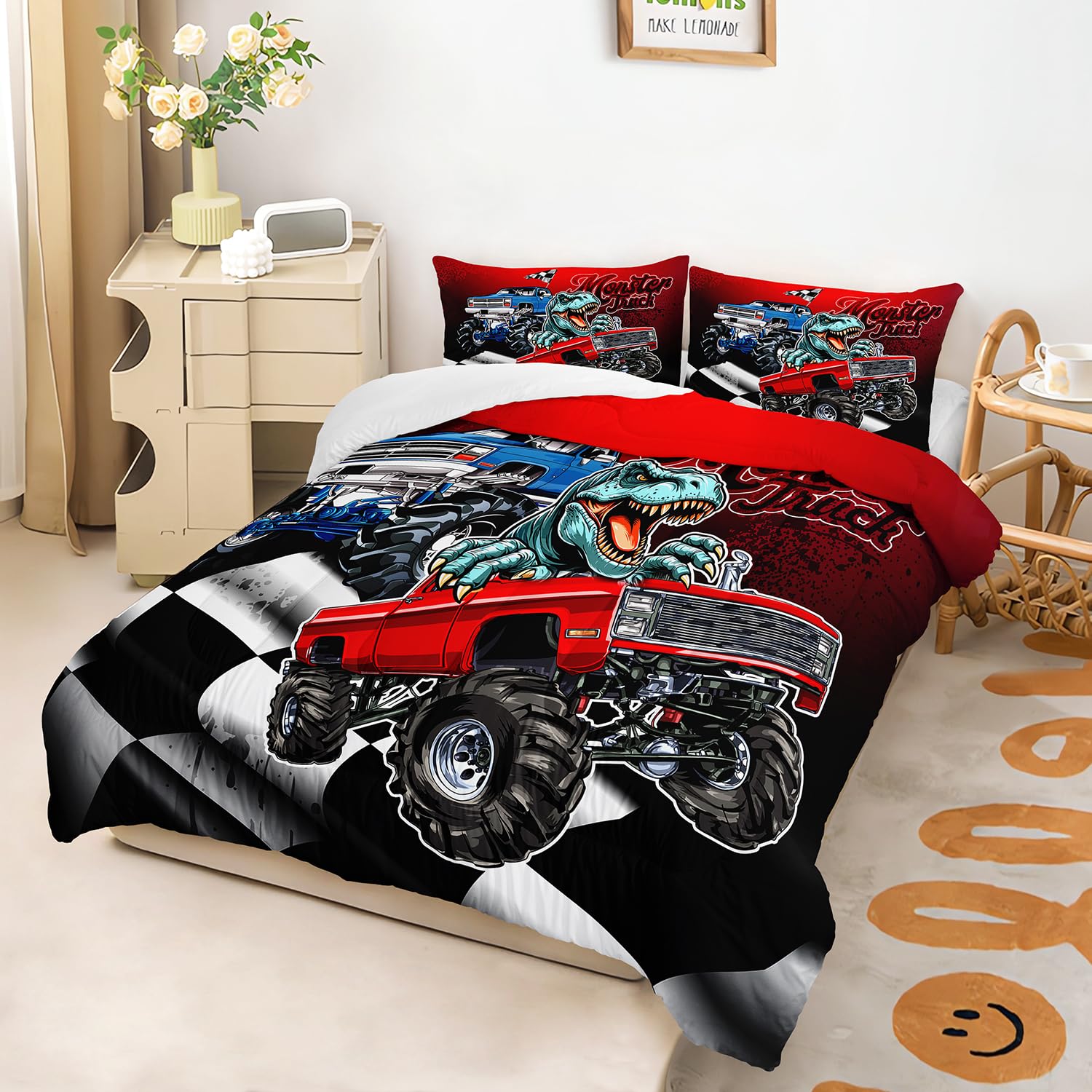 AILONEN Monster Trucks Comforter Set,Dinosaur Red Blue Truck Bedding Set for Kids Boys Queen Size,Black and White Grid Pattern Duvet Set,1 Quilt 2 Pillowcases,3-Piece,Soft Microfibre
