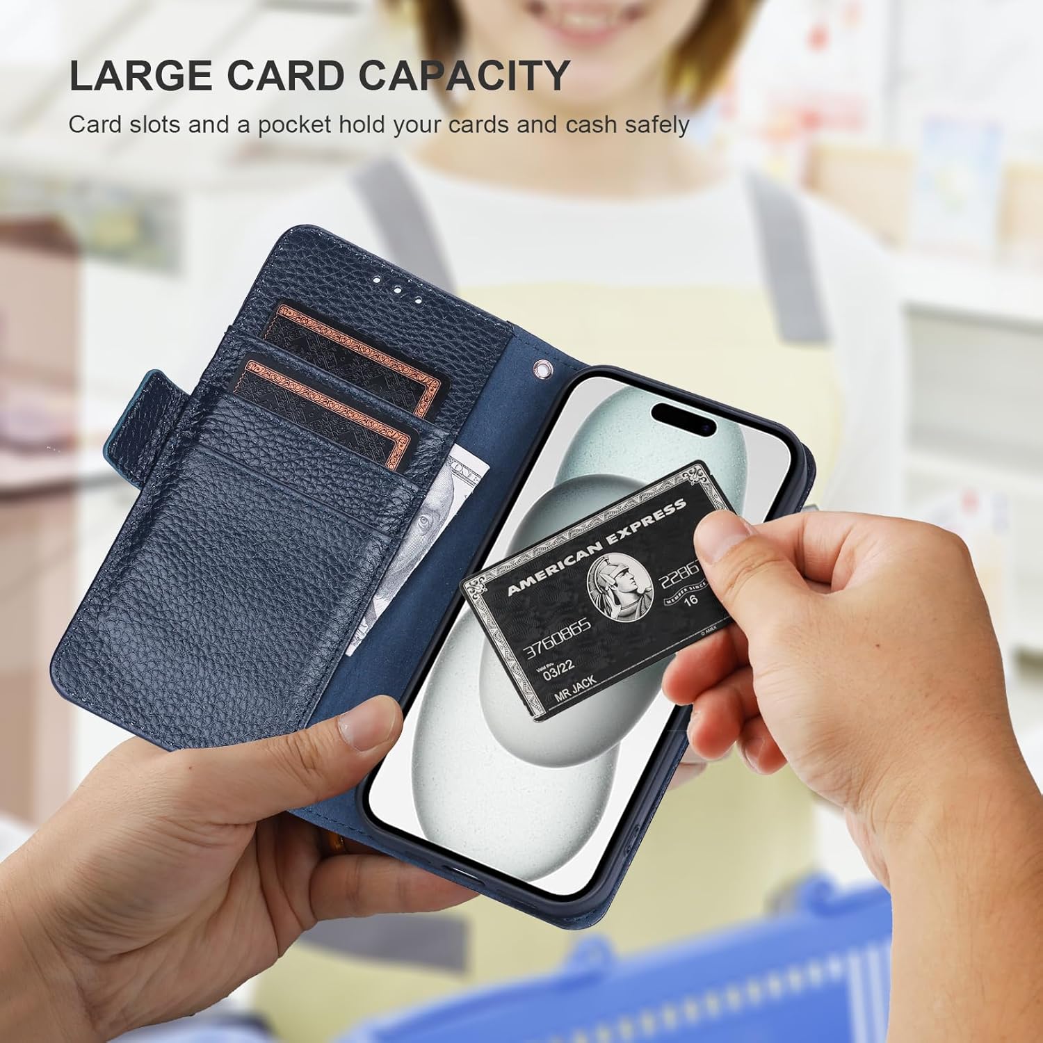 Bocasal Wallet Case for iPhone 15 5G, Genuine Leather Support Wireless Charging RFID Blocking Flip Case Card Slots Holder, Kickstand Book Folding Folio Cover with Wrist Strap 6.1 Inch (Royal Blue)