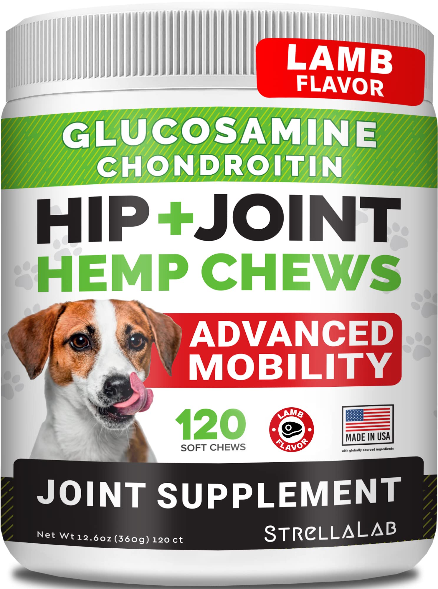 Advanced Hemp + Glucosamine Dog Joint Supplement - Hip Joint Pain Relief - Mobility Chews for Dogs - Chondroitin, MSM, Omega - Made in USA - Lamb Flavor - 120 Hemp Treats