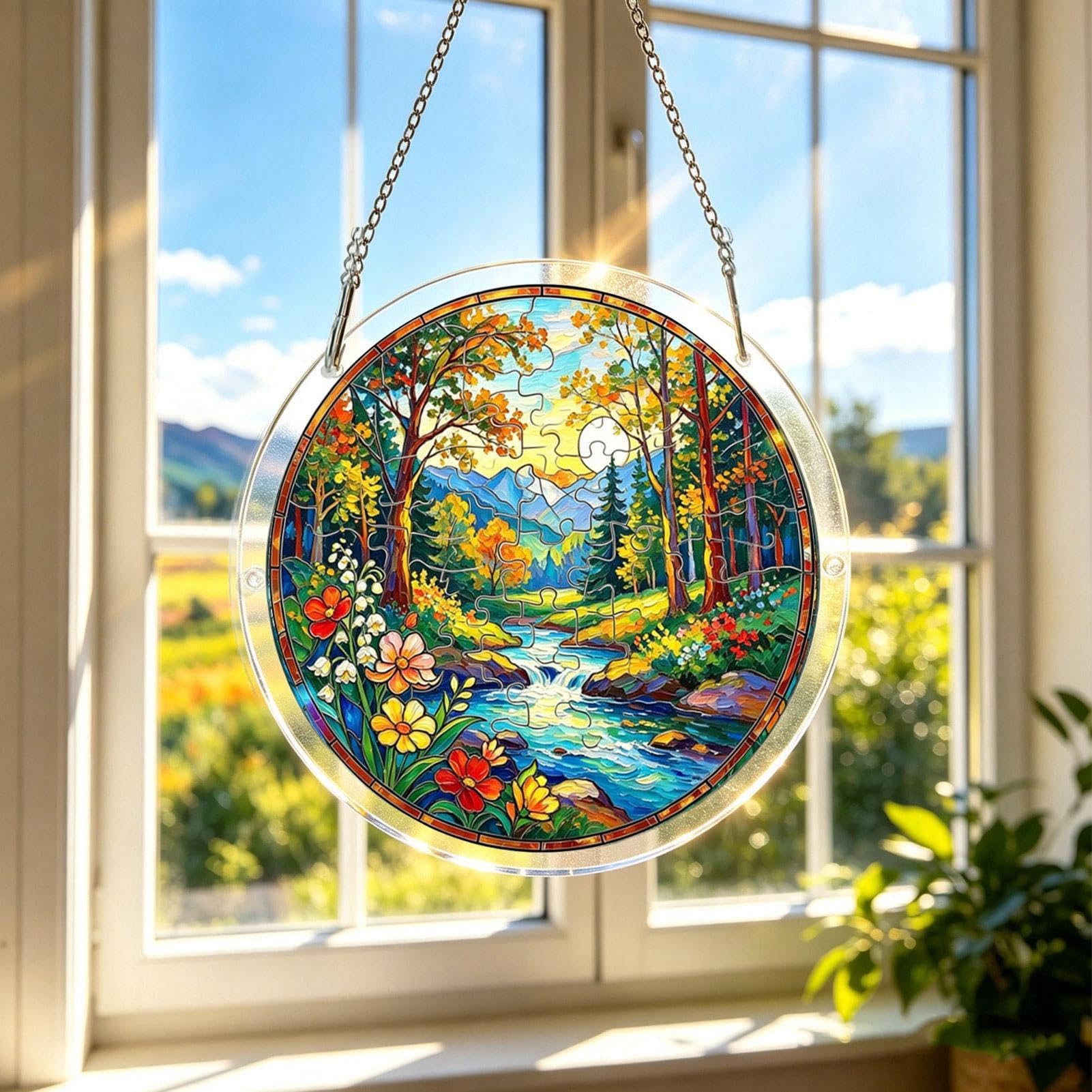 Muiltvoe Acrylic Suncatcher Jigsaw Puzzles 8.27x8.27x1.18 in Window Suncatcher Acrylic Puzzle Natural Scenery Sun catcher Puzzle for Doors Garden, Mother's Day Christmas Birthday Gift for Women Men