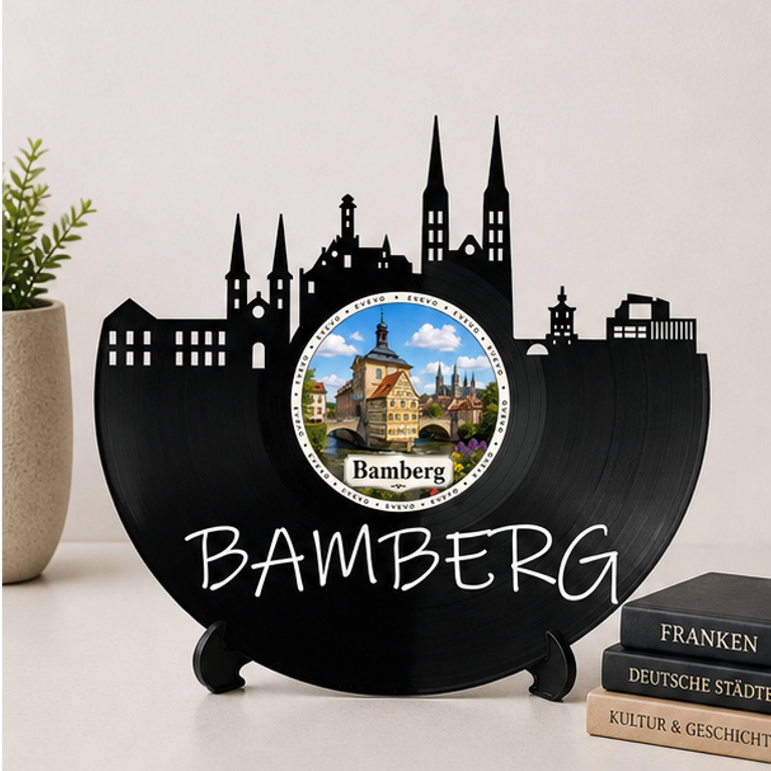 EVEVO Decorazione da parete a forma di disco di Bamberg, in vinile, arte da parete con skyline di Franken, regalo per gli appassionati di Bamberg, vecchio municipio e amanti del patrimonio D0040