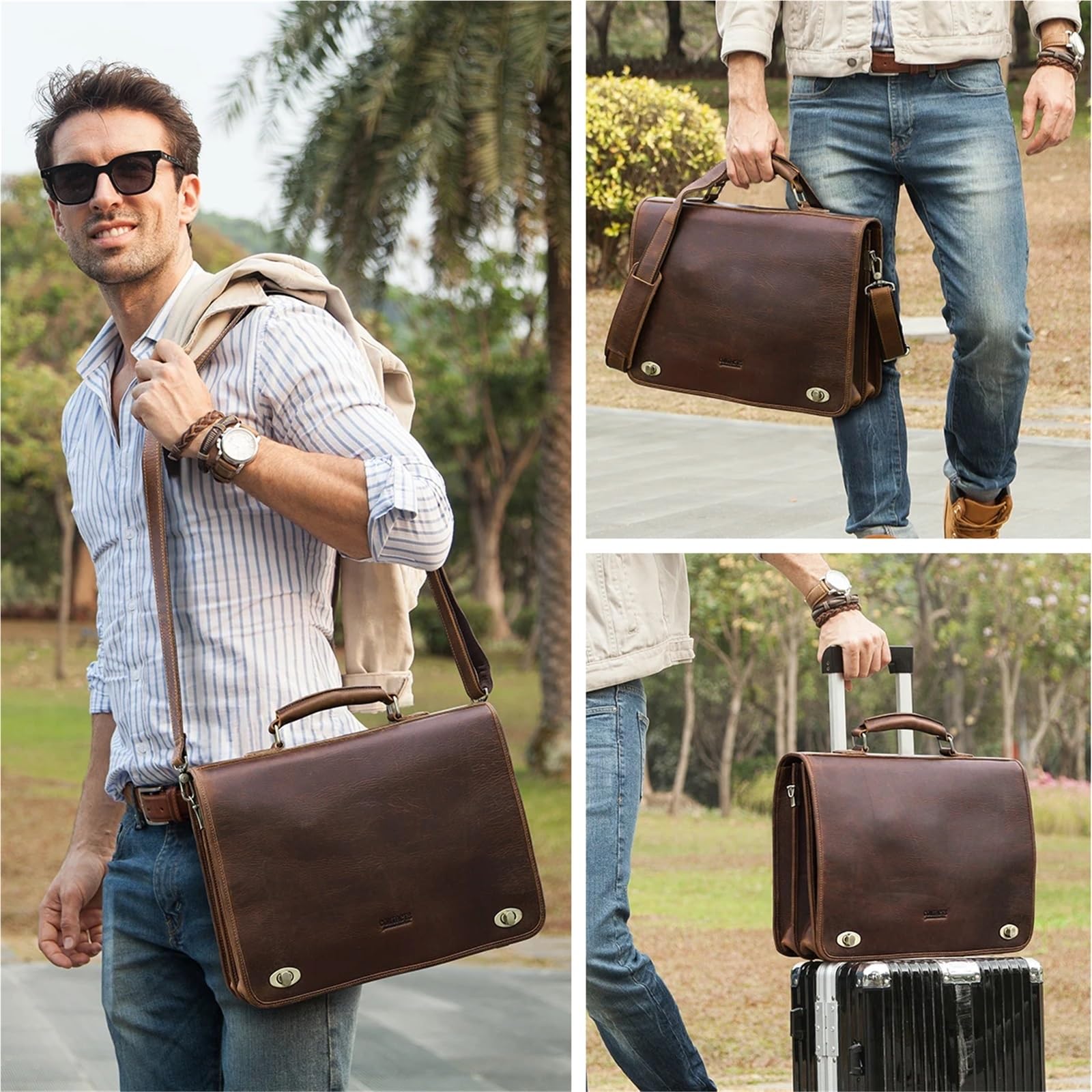 Maletín for hombres de negocios, bolsas mensajero hombro cuero, bolso Latop marca for bolsos mano 15,6 pulgadas