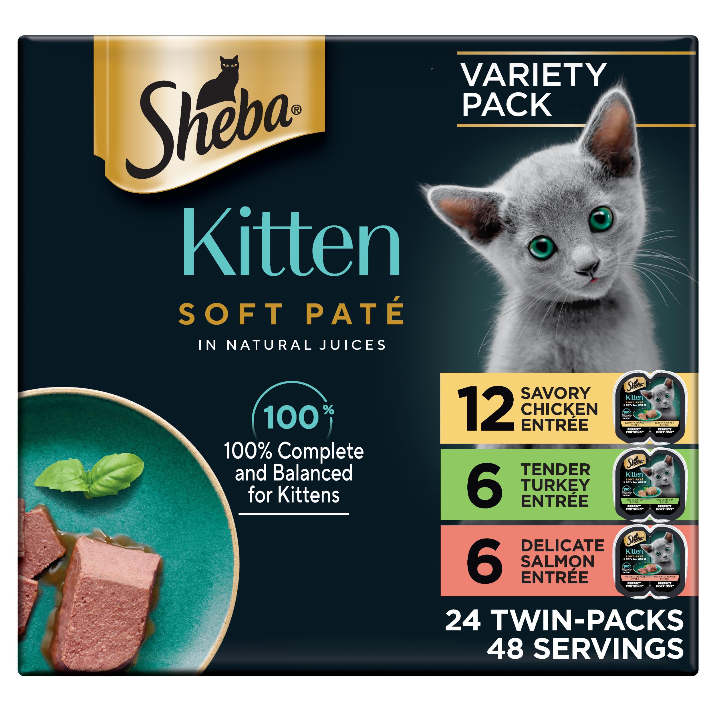Perfect Portions Kitten Wet Cat Food Pate Chicken Entree, Salmon Entree, and Turkey Entree, 2.6 oz. Twin-Pack Trays (24 Count, 48 Servings)