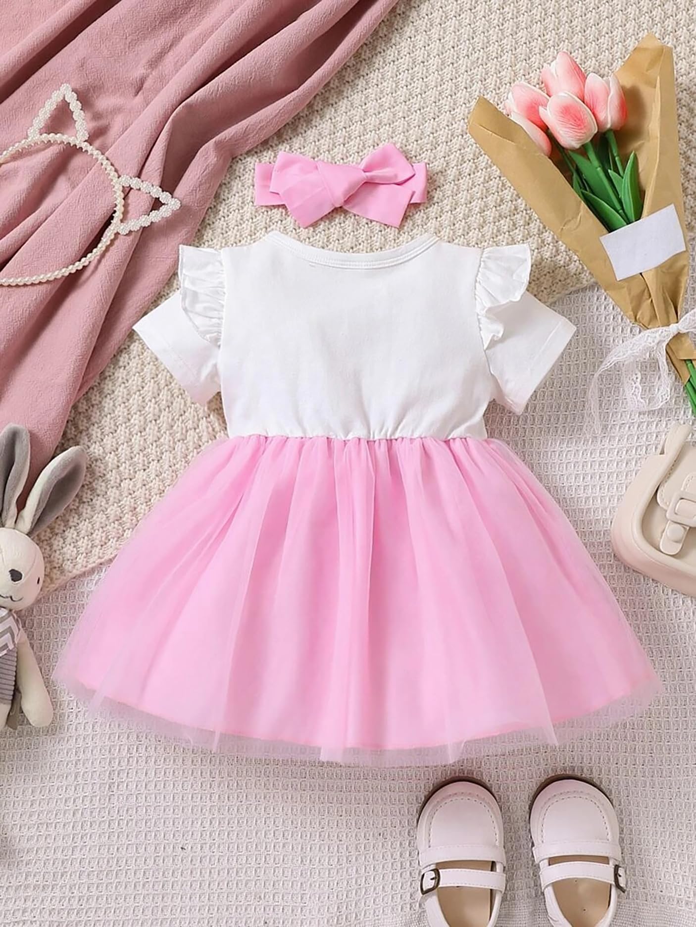 PAMBERSTON Baby Girl's Kitty Cat Tutu Dress with Bow, White and Pink, Flutter Sleeve 1