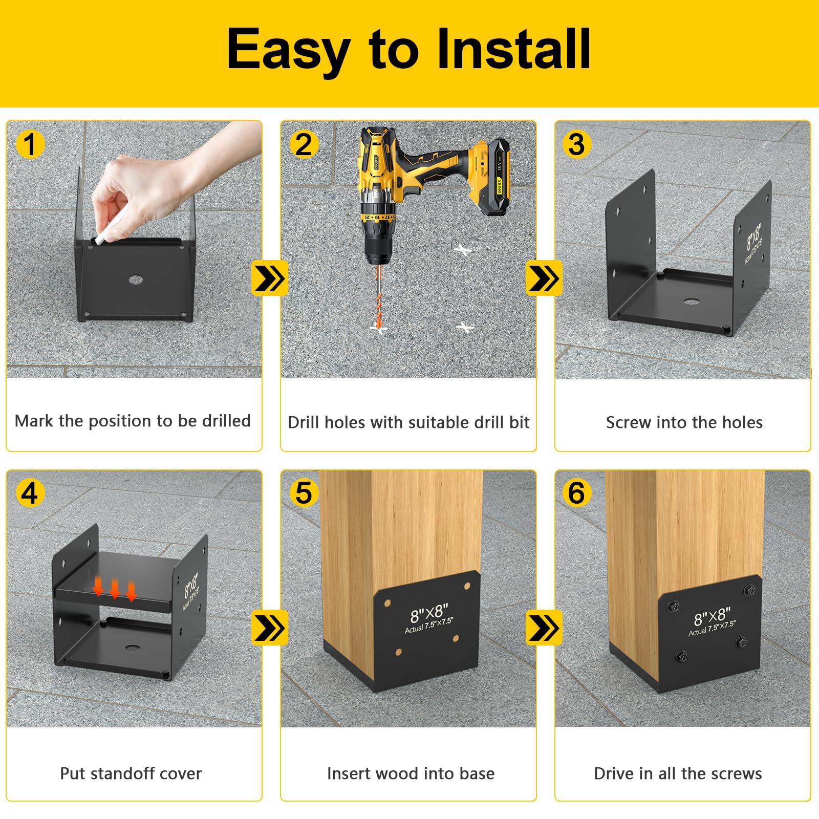 FMhotu Base de poste de acero inoxidable de 8 x 8, soporte de anclaje interno de 7.5 x 7.5 pulgadas, anclaje de soporte de hormigón para barandilla de cubierta, vallas, buzones (2 unidades, negro)