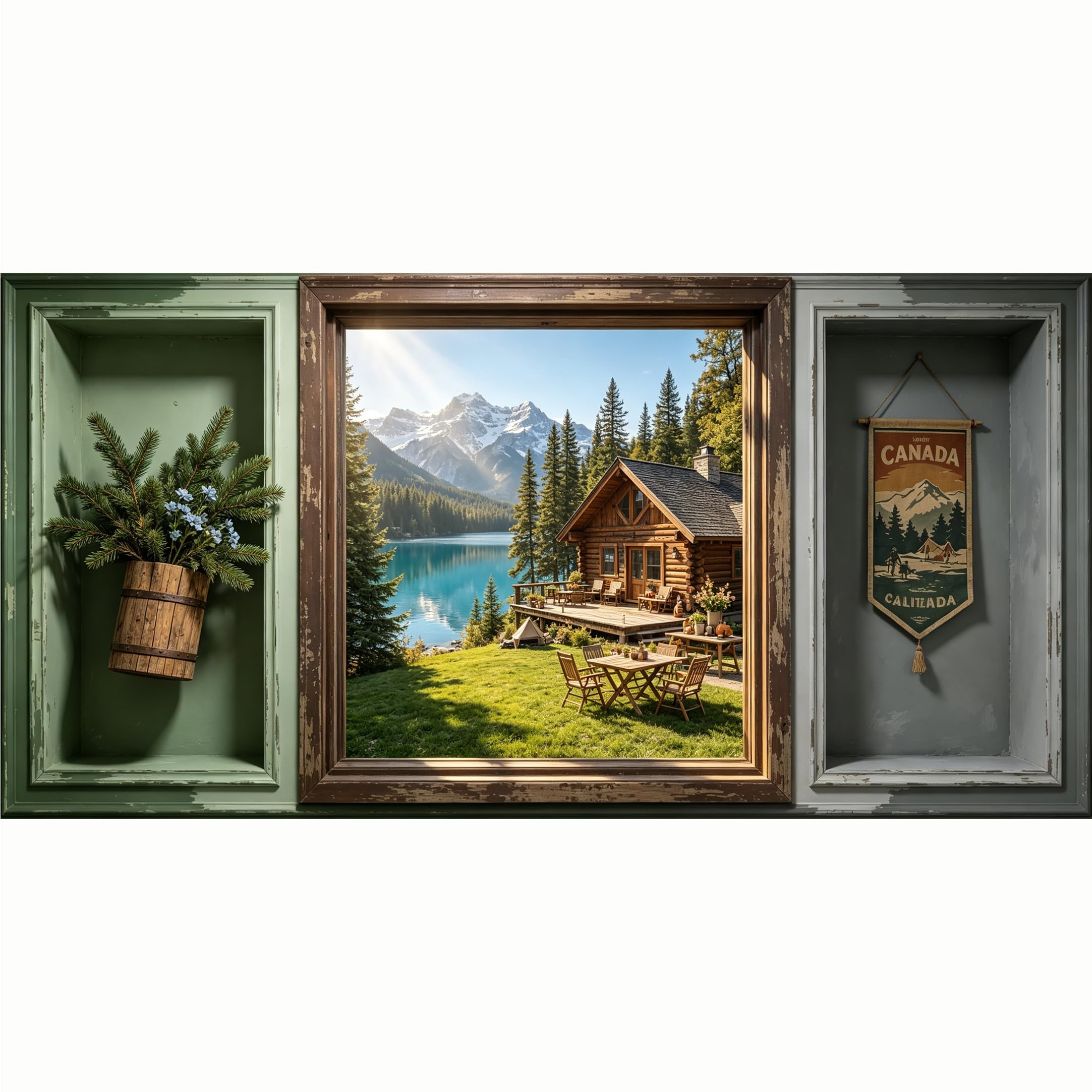 QZLITHOTIC 50x100cm 3D Framed Wall Art， Mountain Lake Cabin Landscape SelfAdhesive Mural， WaterActivated Peel & Stick Fabric Decor Wall Decal for Bedroom Living Room