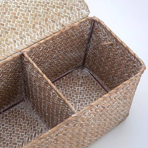 Miniatura 4 de Cesta de Almacenamiento de Seagrass Blanqueado con Tapa Tejida para Rollos de Papel Higiénico con Secciones Rectangular para Organizar Snacks