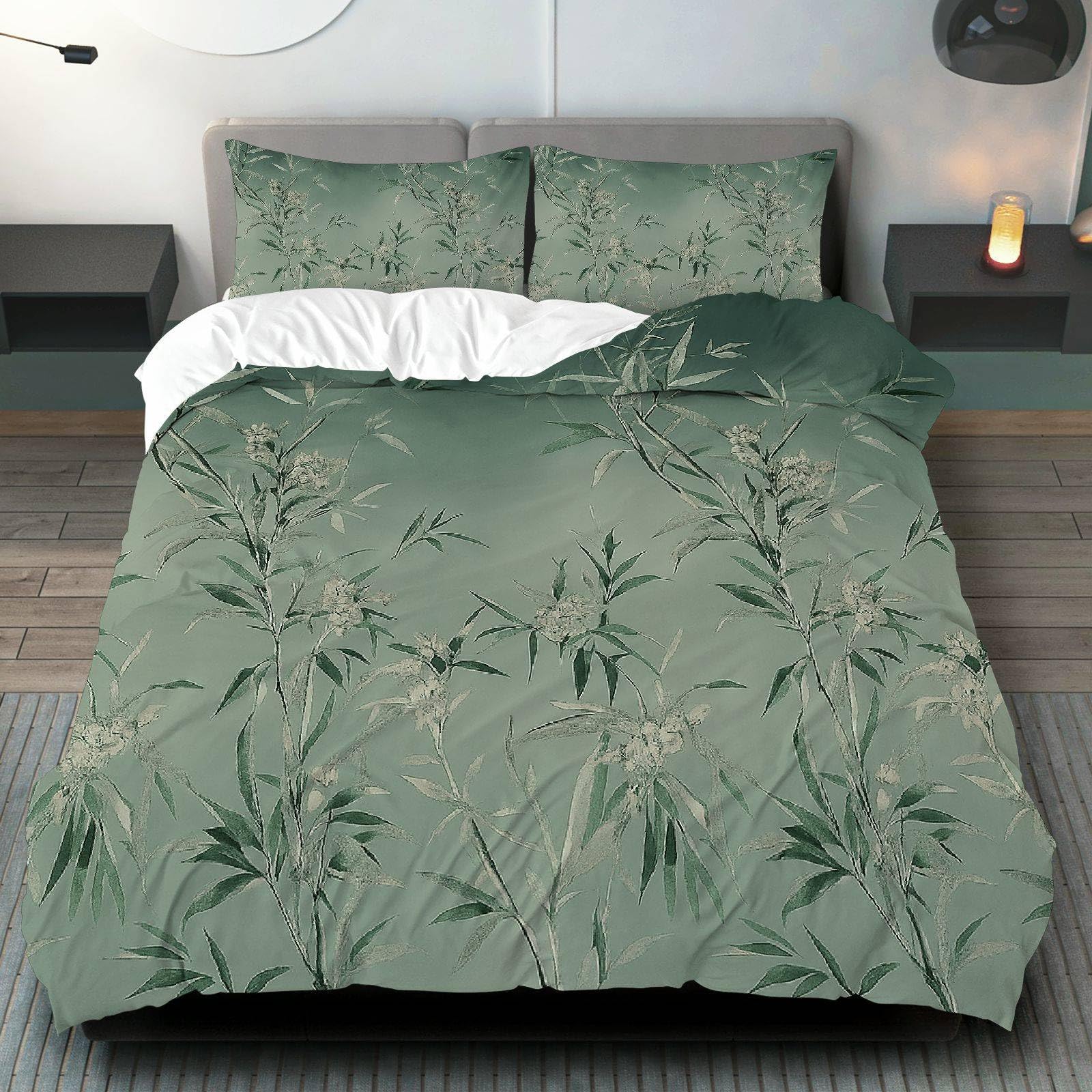 Housse de couette motif bambou 240x260cm avec 2 taies d'oreiller lit double