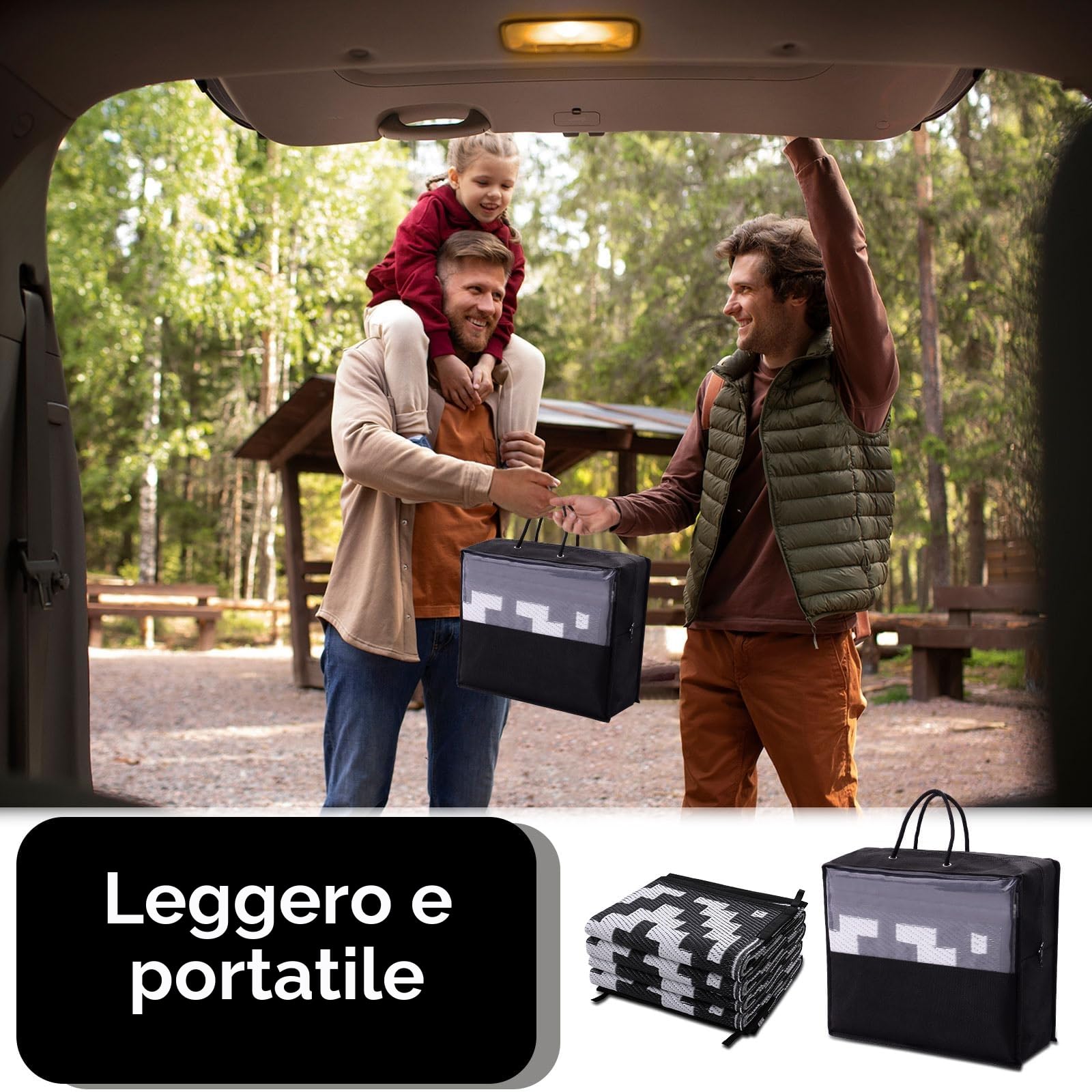 Homaxy Tappeto per esterni, resistente alle intemperie e raggi UV, lavabile, per balcone, giardino, terrazza, campeggio e picnic, 150 x 240 cm, nero e bianco