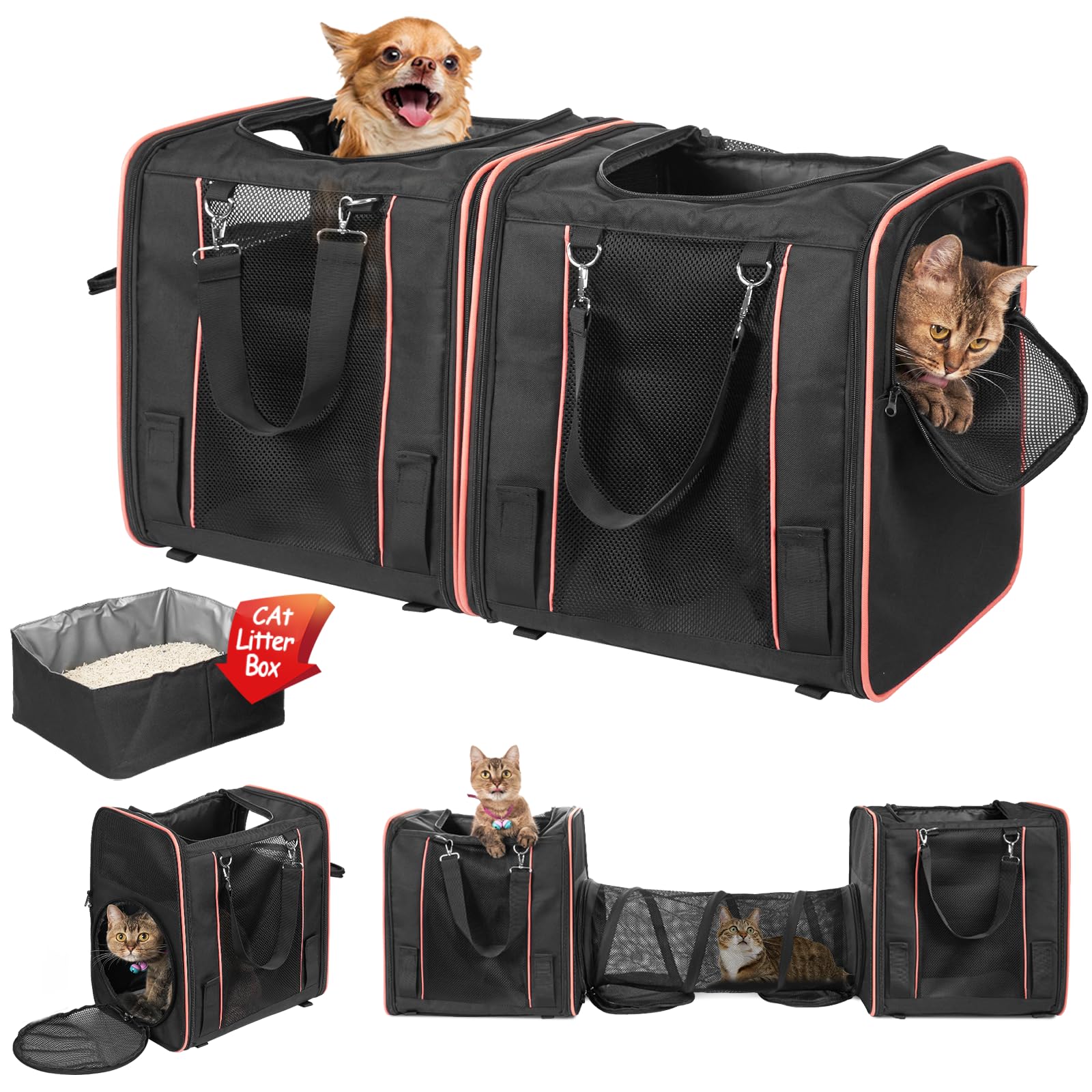 MALOROY Cat Travel Carrier for 2 Cats with Litle Box, Cat Carrier with Tunnel